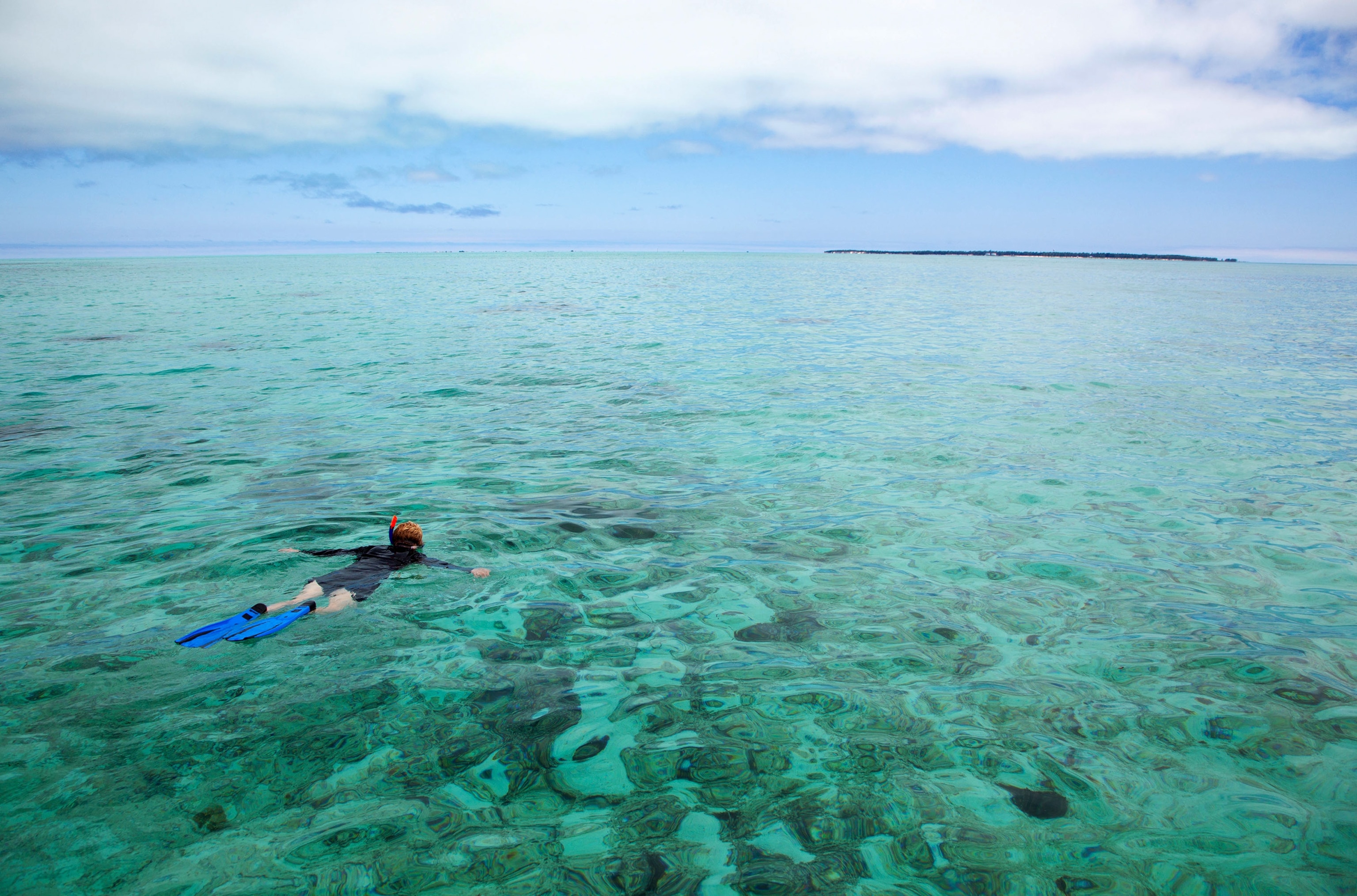 a woman snorkeling in the Midway Atoll lagoon, Papahanaumokuakea Marine National Monument