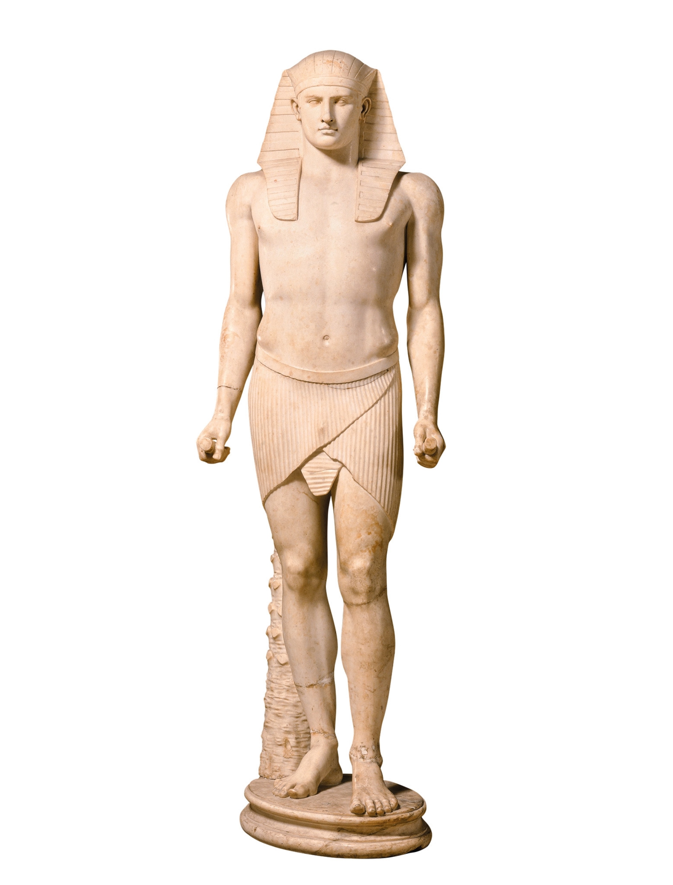 Antinous, Hadrian’s lover, is depicted in an Egyptian-style headdress (nemes) and loincloth