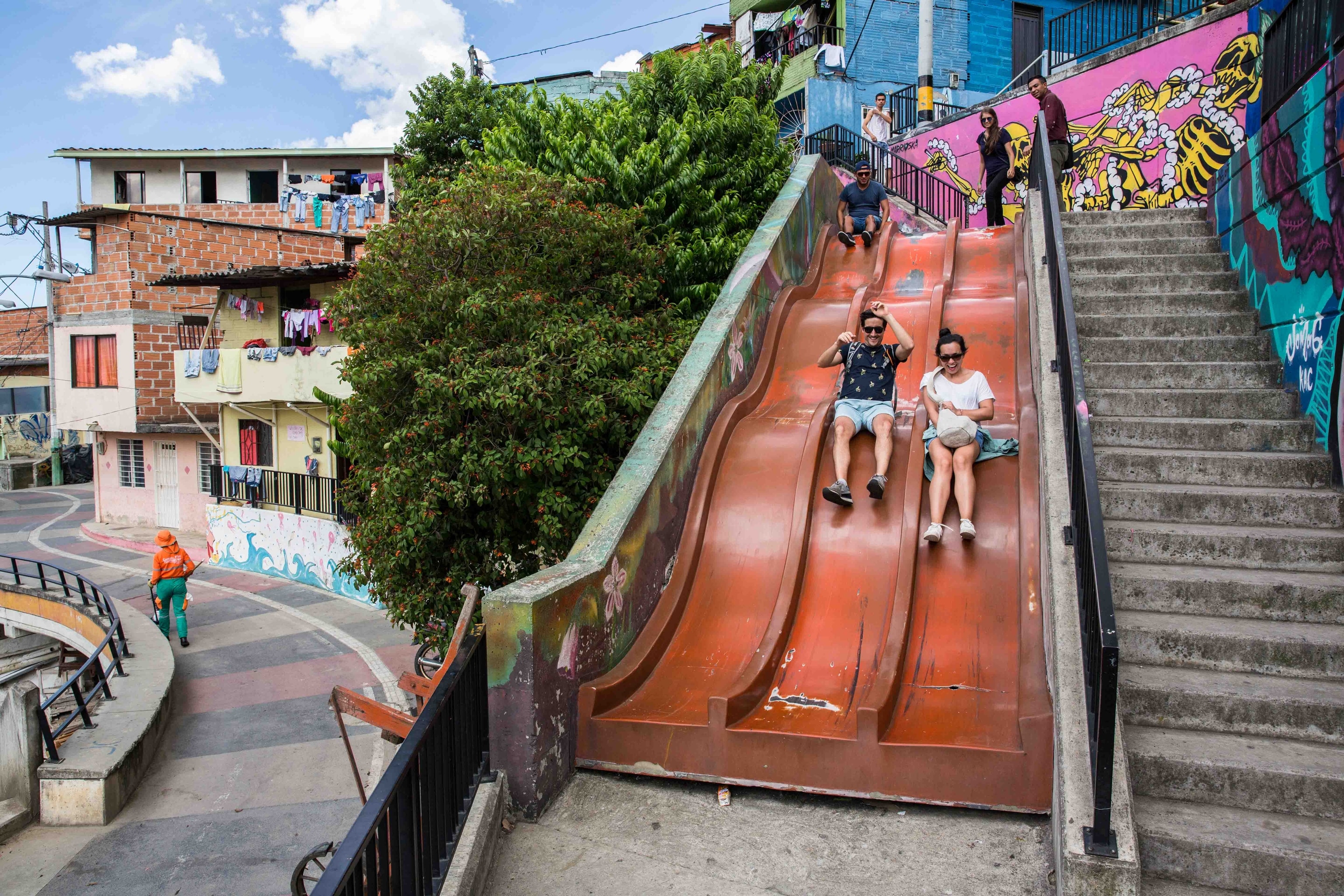 June 21, 2017. A group of tourists take part of a Graffitour of the Comuna 13. The Comuna 13 was one of most violent neighborhoods in Medellin from the early 80’s through the early 2000’s. Over 6 military operations took part in this area, Orion operation (16-17 October, 2002) was the most memorable one and the one that caused close to 80 disappearances at the hands of the paramilitaries in conjunction with the Colombian Army. Now the Comuna 13 has become a landmark and a site for tourist to visit. Edison Villegas (Graffitourcomuna 13 (facebook) cell: 57.312.790.1646)