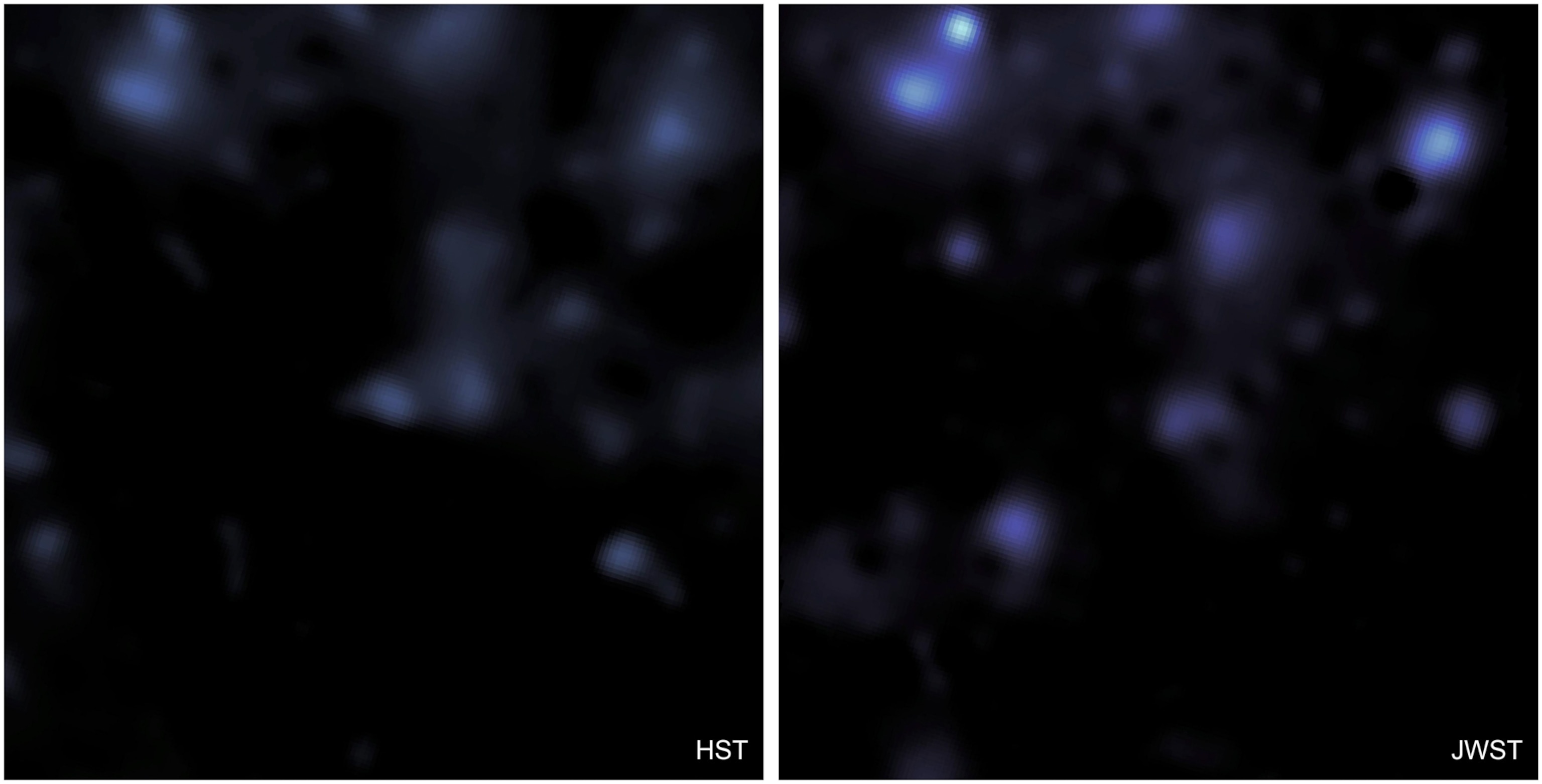 Blobs of light against a dark background, the right frame shows increased detail compared to the left