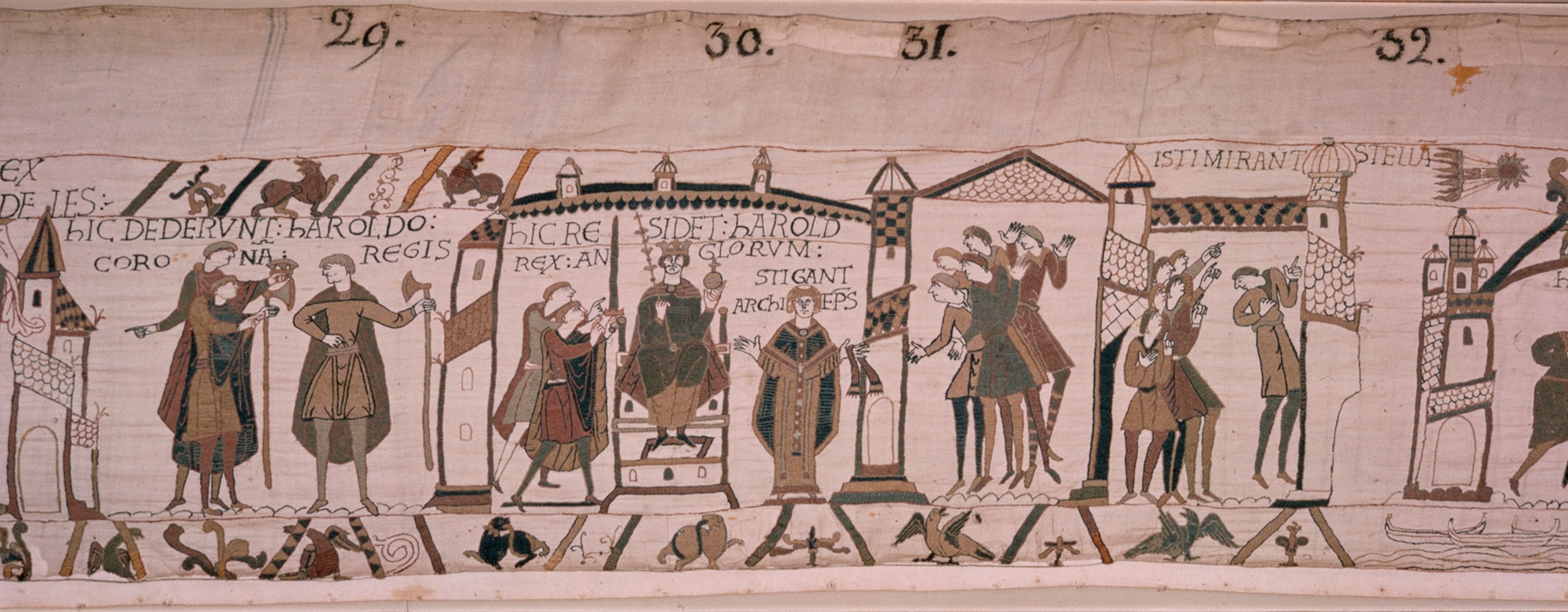 Scene from the tapestry where Harold is offered the crown of England.