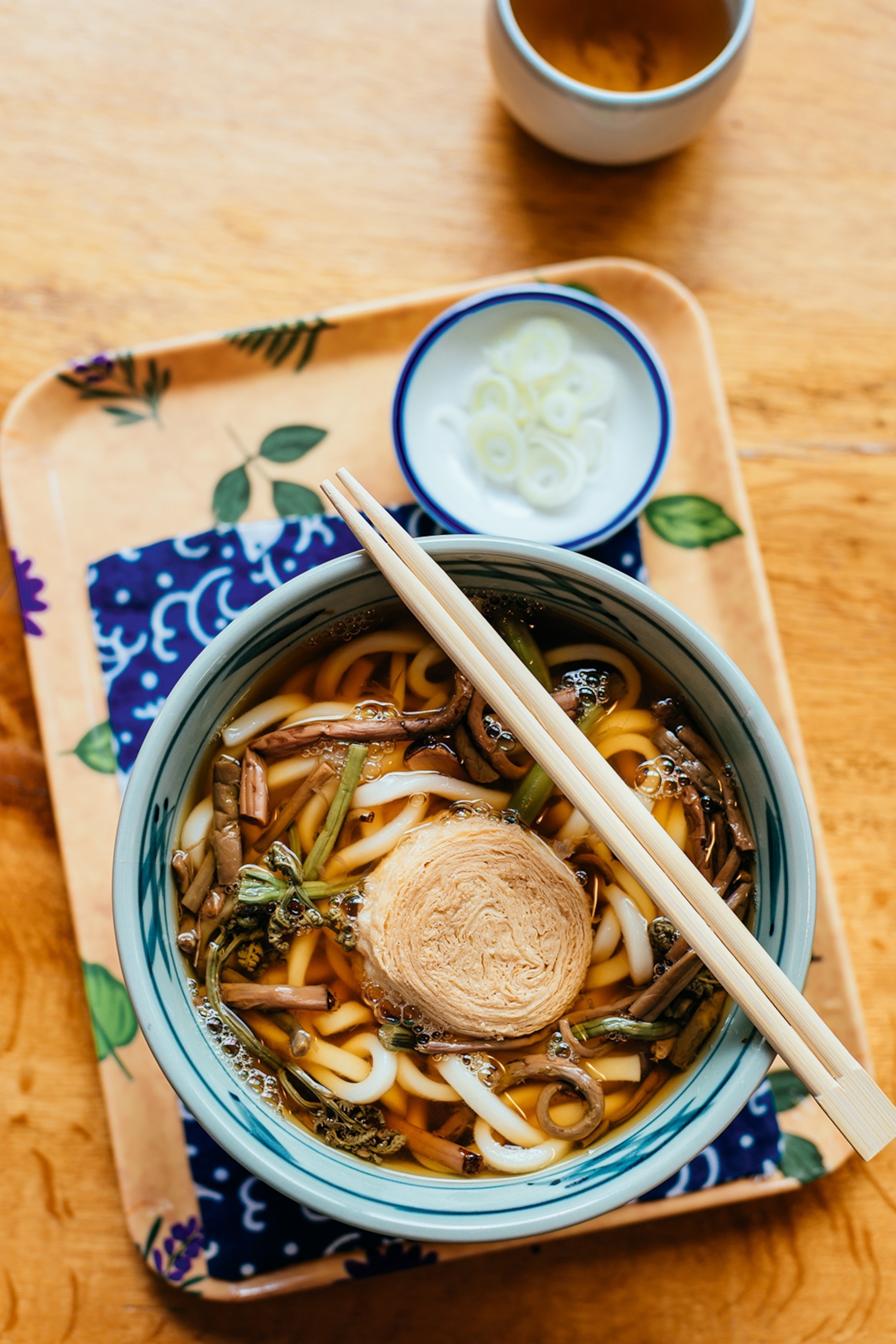 A bowl of udon with mountain vegetables and a tofu skin curd.