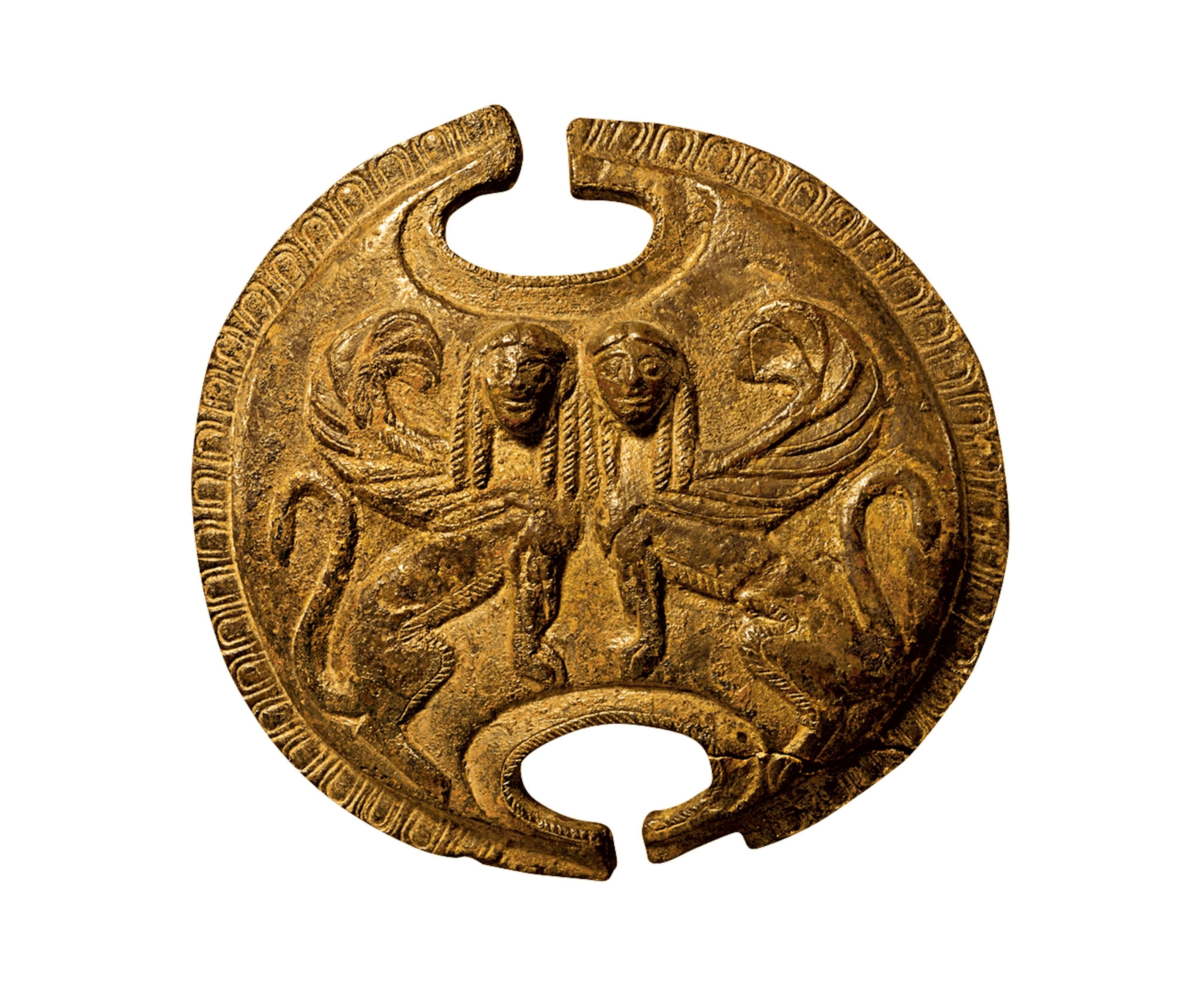 a shield with two creatures carved on the front