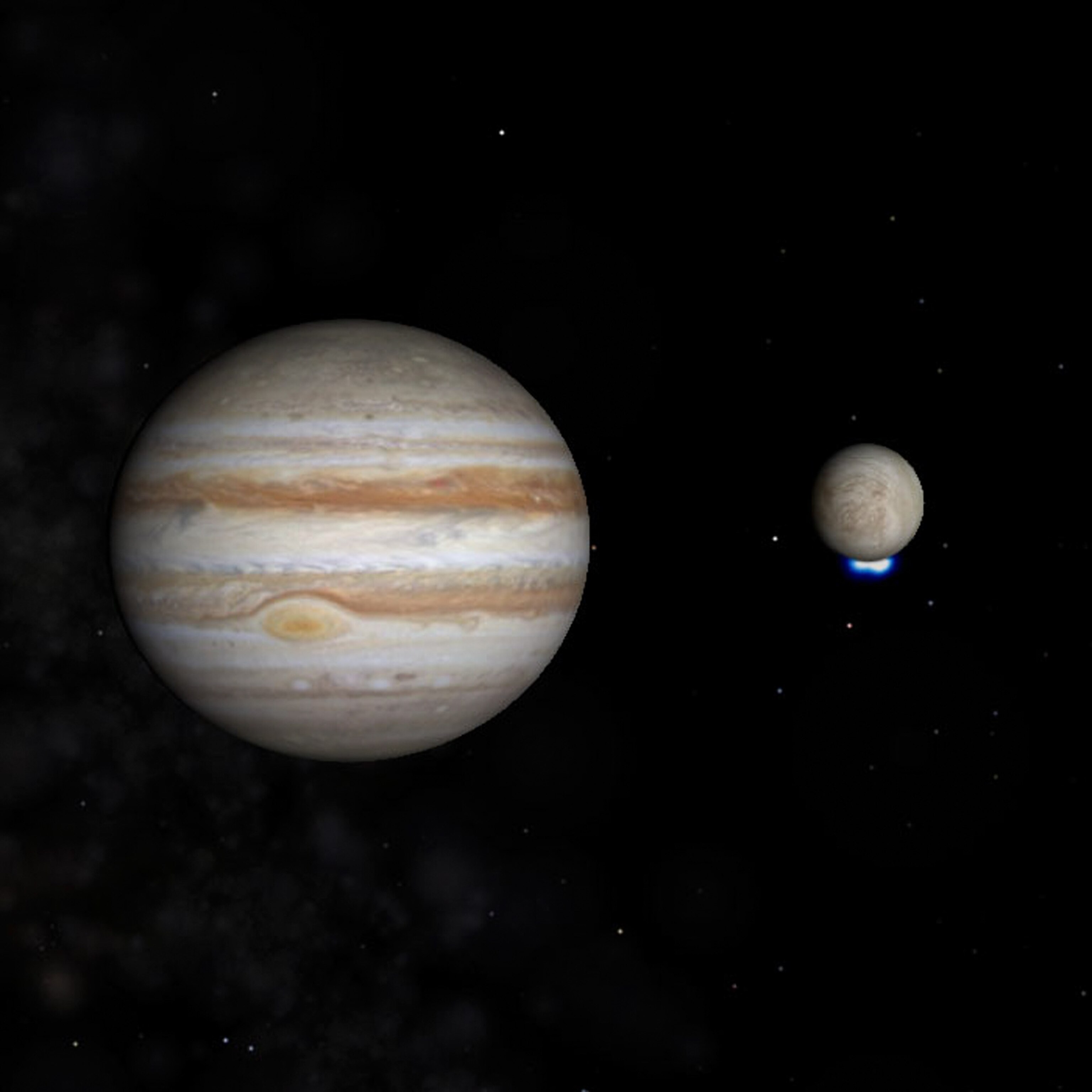 Artistic illustration of Europa's icy surface with a water jet in the foreground and Jupiter and the 
sun in the background.