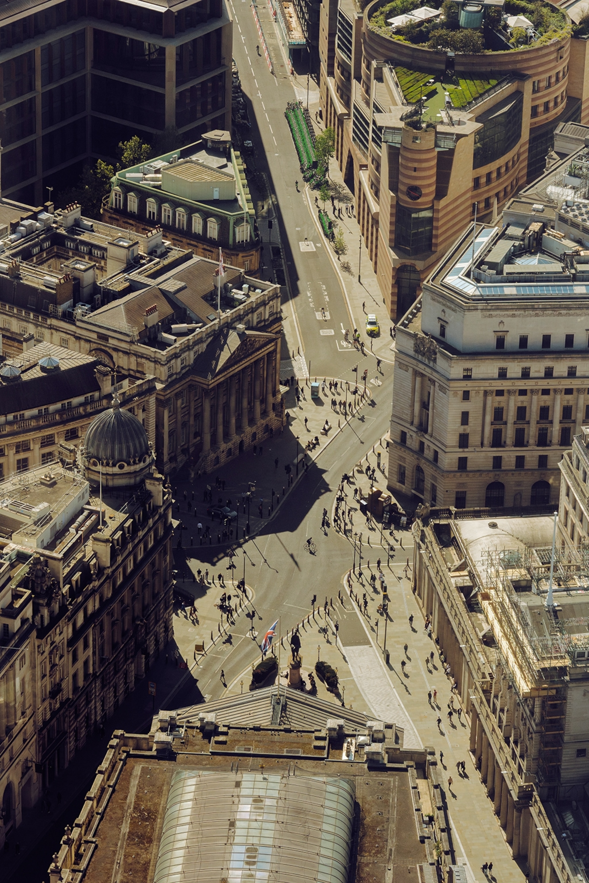 An aerial view of a street forking in London.