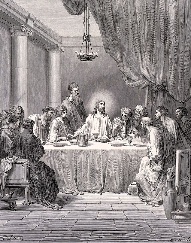Jesus and a chalice at the Last Supper are shown in an engraving by Gustave Dor&eacute;