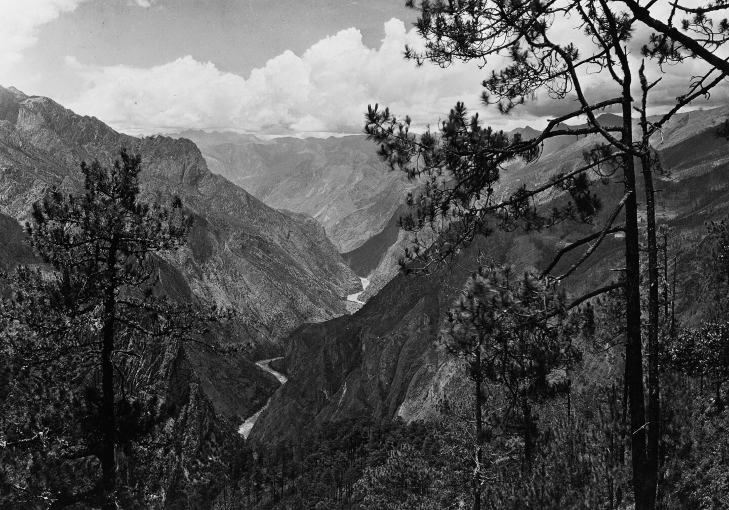 Black and white photo of river running through mountains