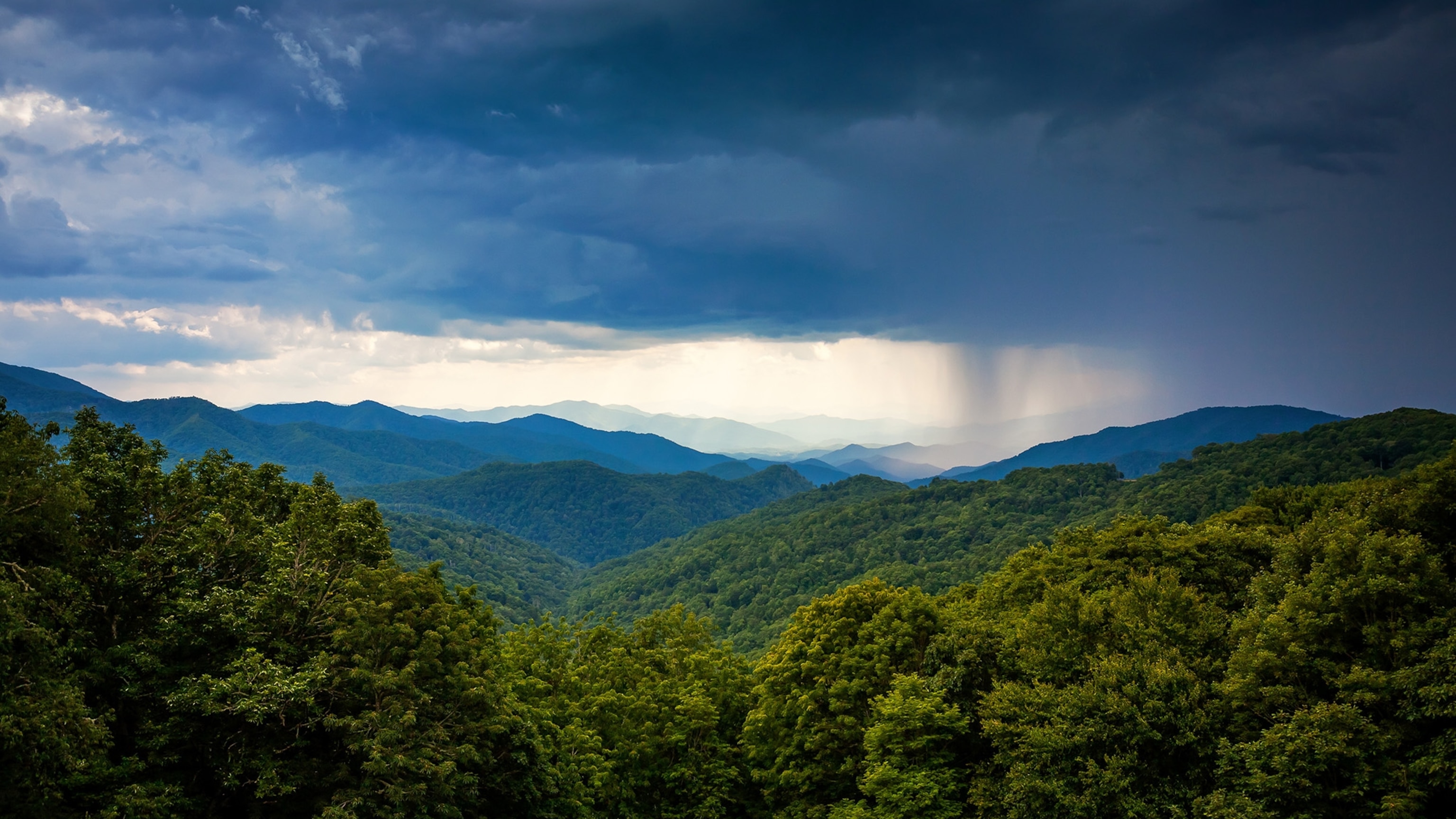Gray rainclouds gather over tree-topped mountains