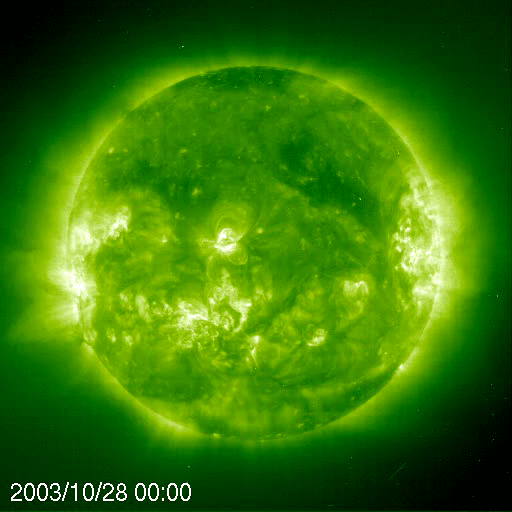 An animated view of the sun as it emits a large solar flare