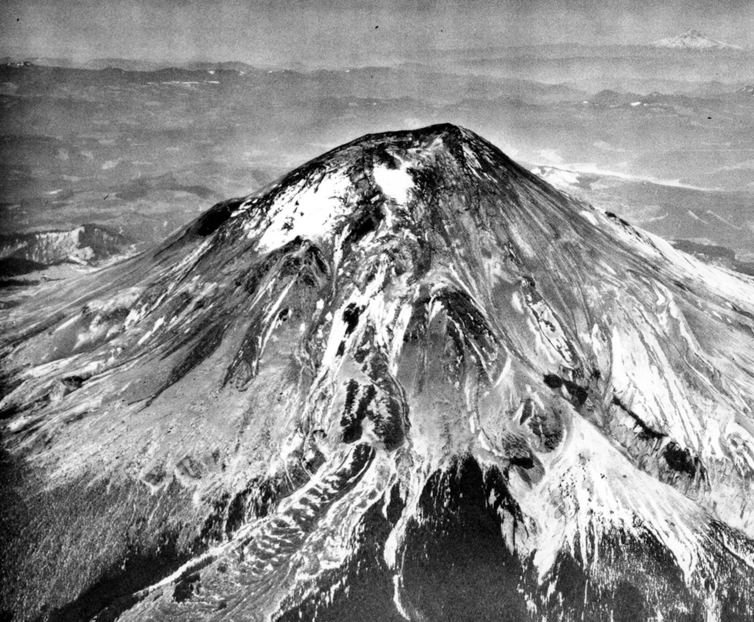 An aerial photo of Mount St. Helens days before the 1980 eruption.