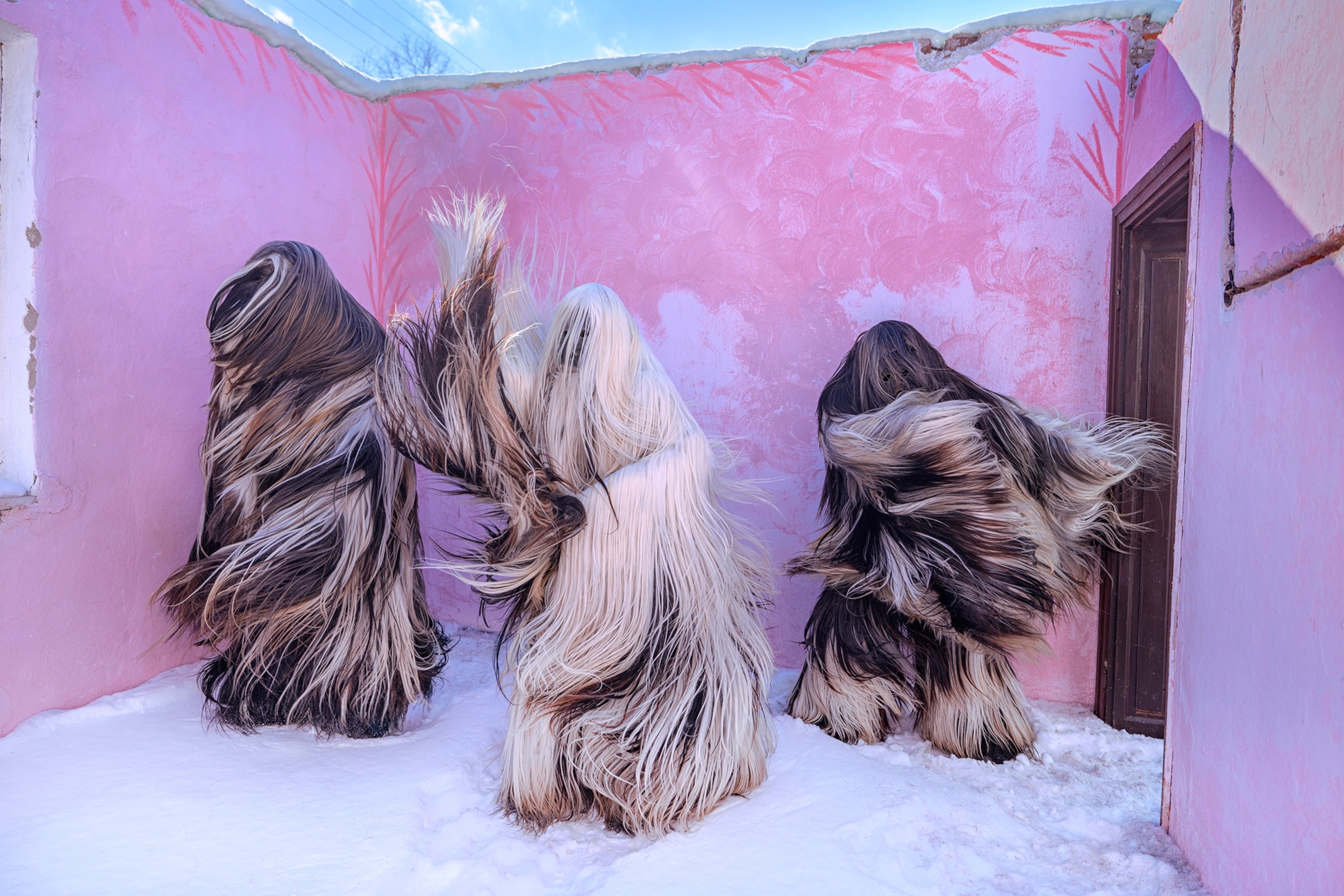 Three masked Kukeri dancers perform inside an abandoned, roofless pink-walled house in Bulgaria’s Strandzha region.
