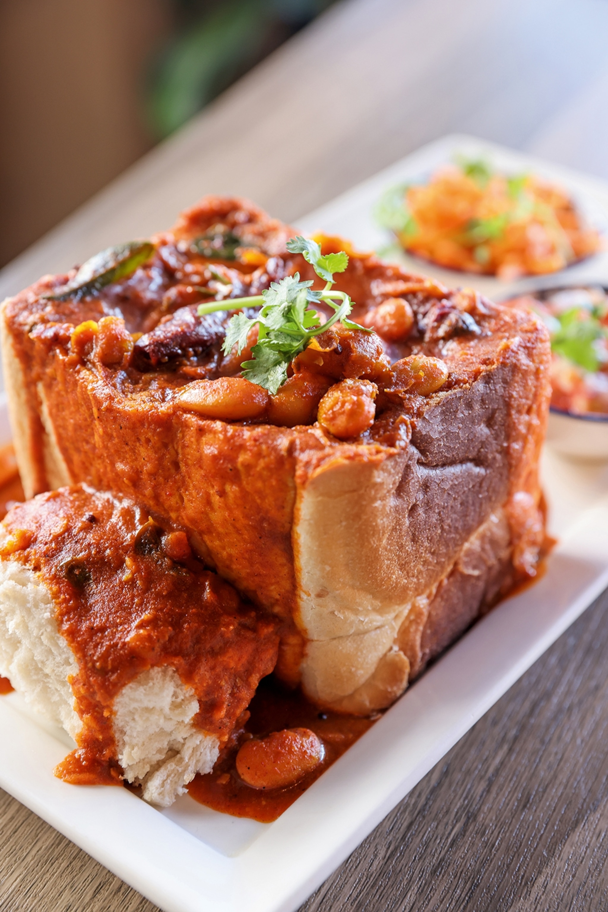 A close-up shot of a brioche bun filled to the brim with a bean curry.