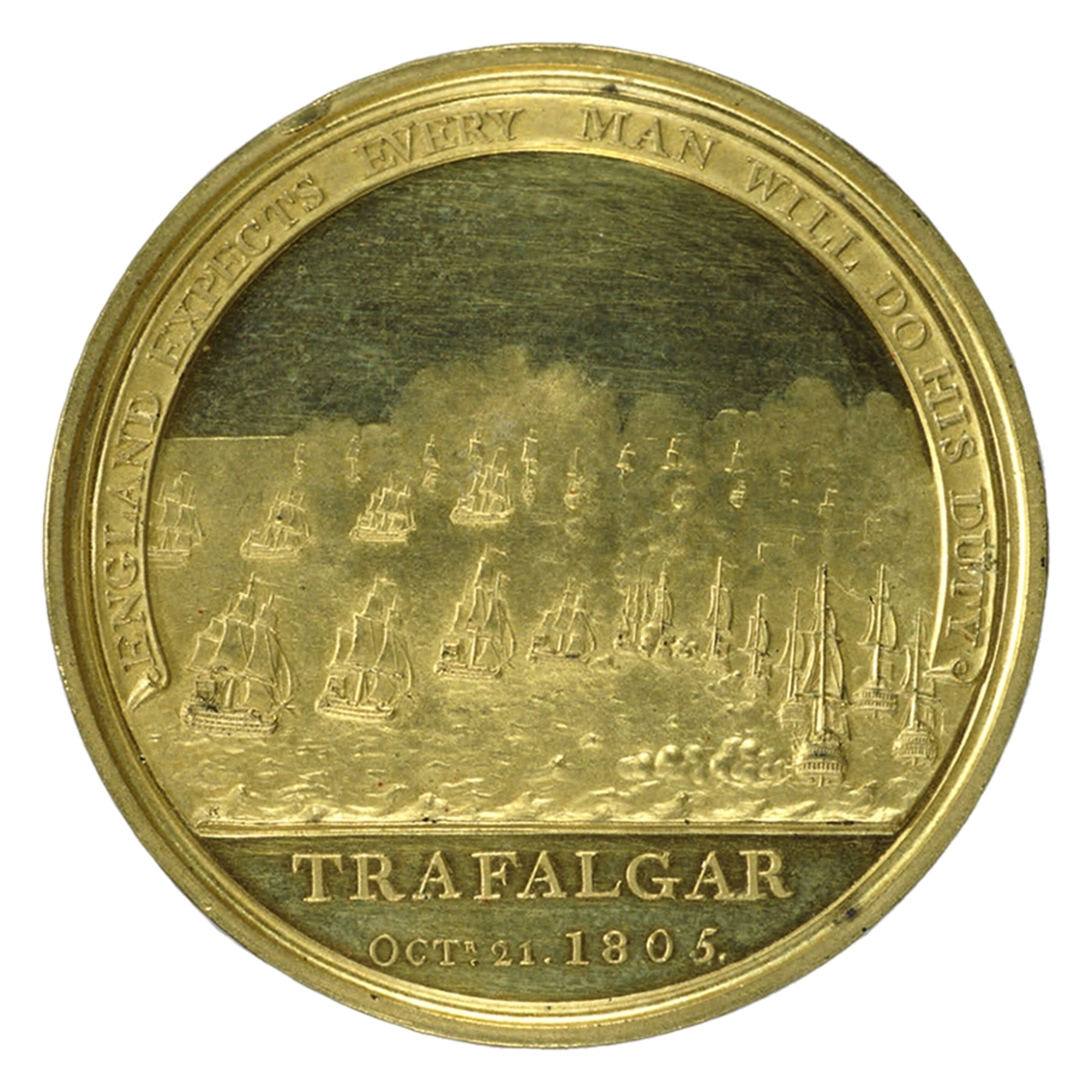 An image of a gold medal which shows ships and the words "Trafalgar, Oct 21 1805"