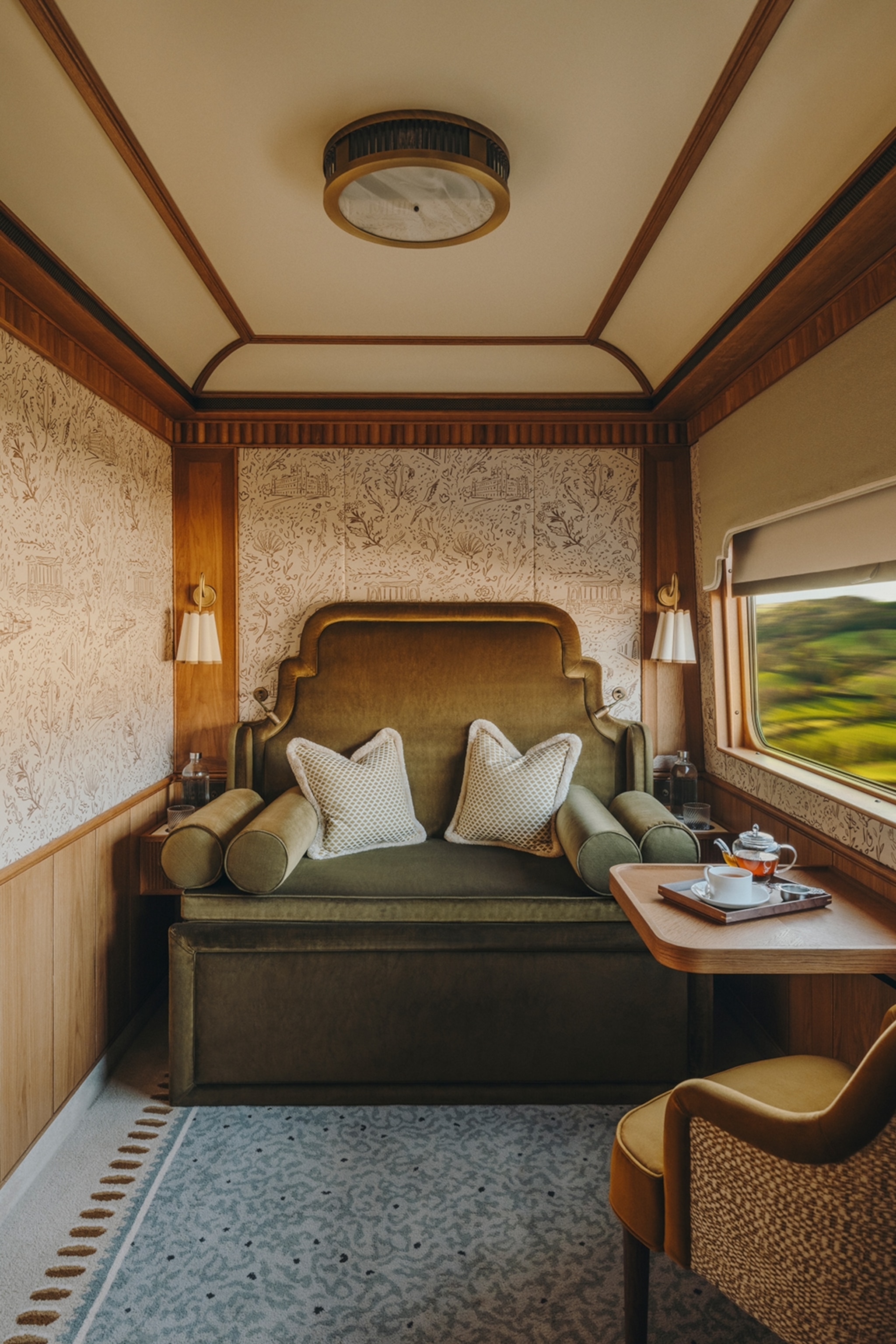 The interiors of a luxurious train bedroom cabin with floral wallpapers and an arm chair.