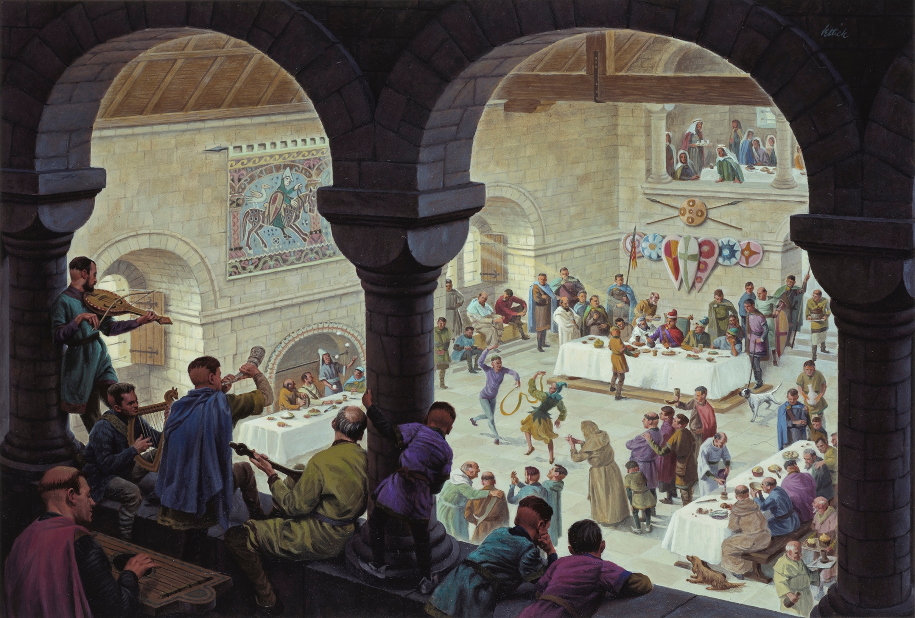 Painting of musical entertainment in great hall at William's castle.