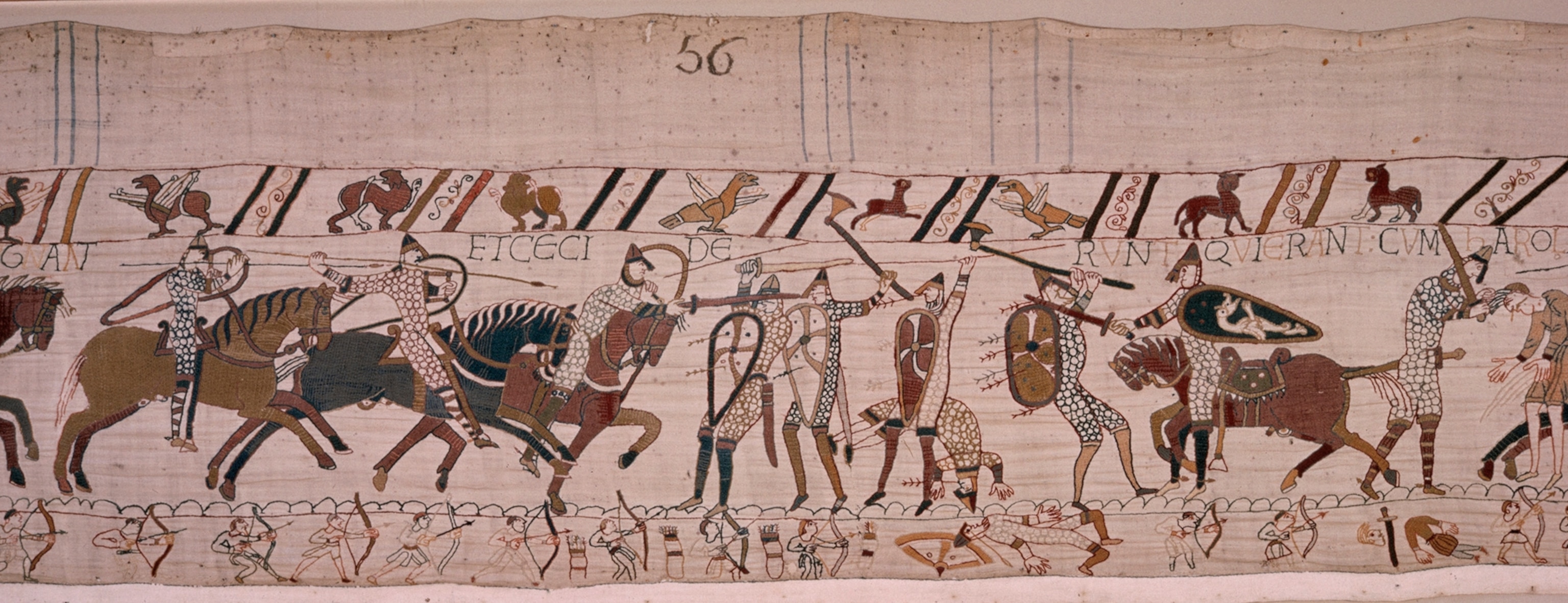 A scene from the tapestry in which soldiers are killed one by one.