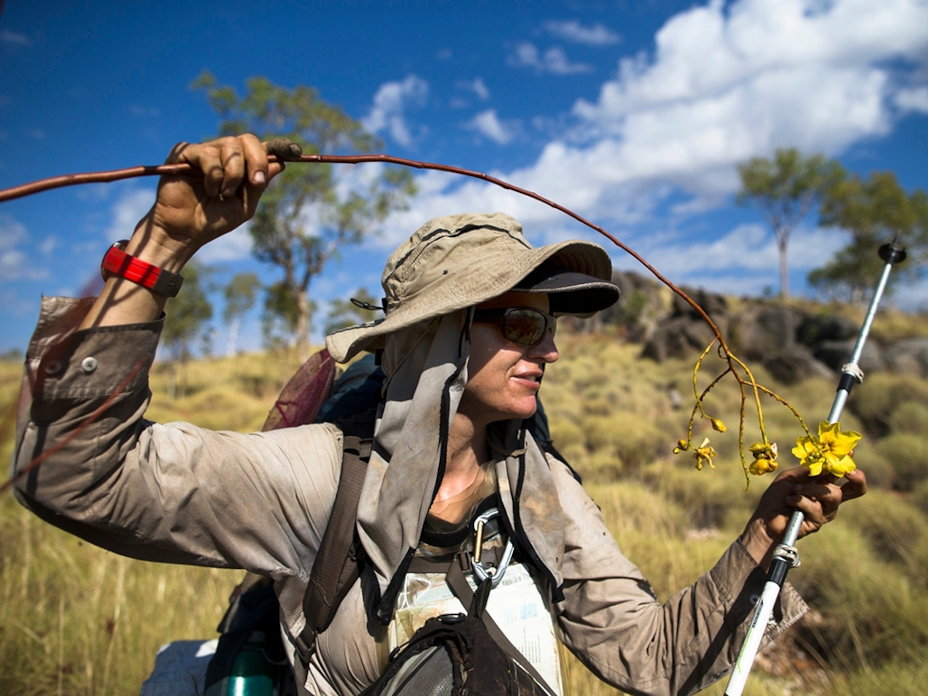 Sarah Marquis inspecting a plant.