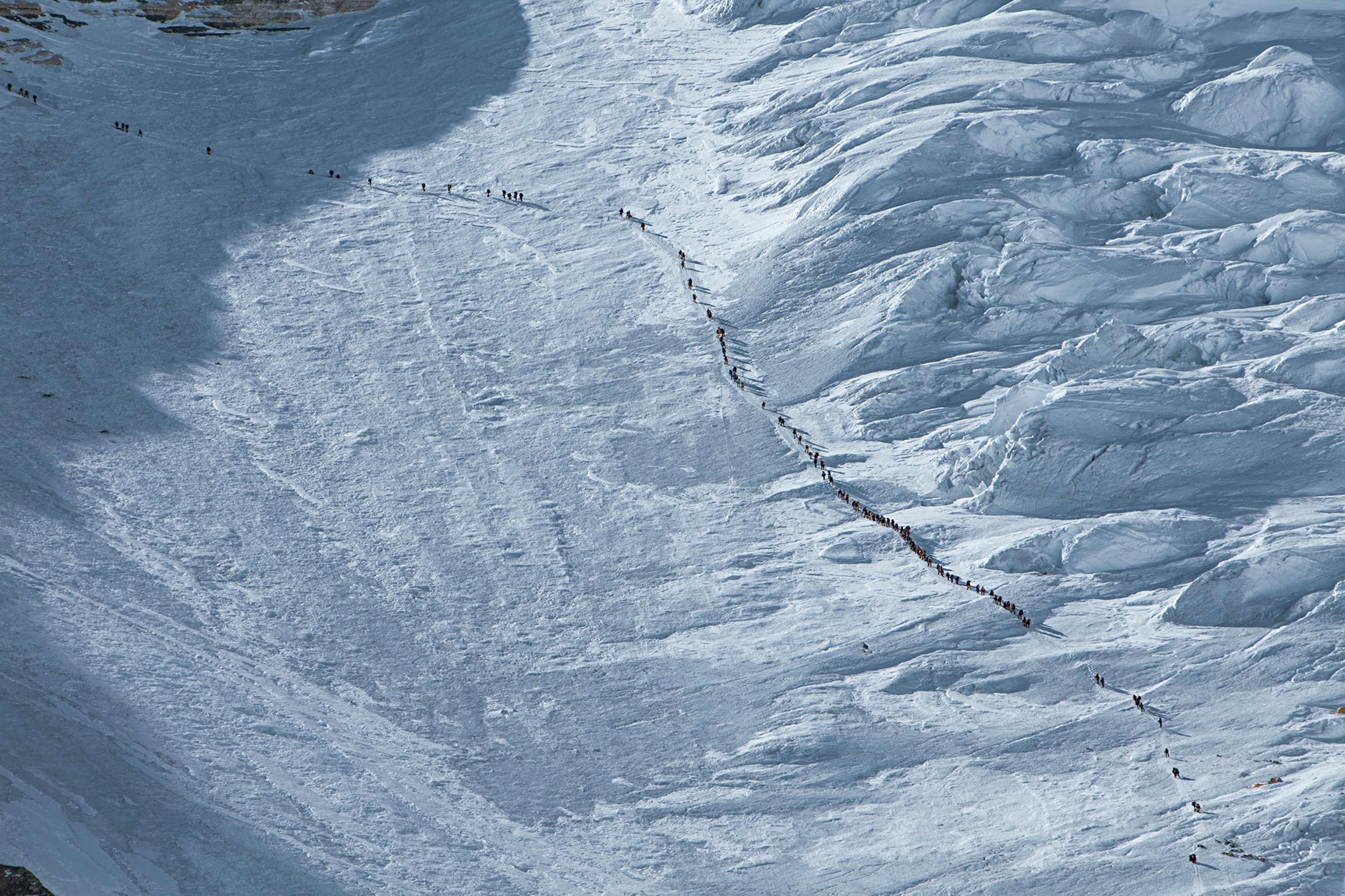 Team decends through the "popcorn" in the Khumbu ice fall.