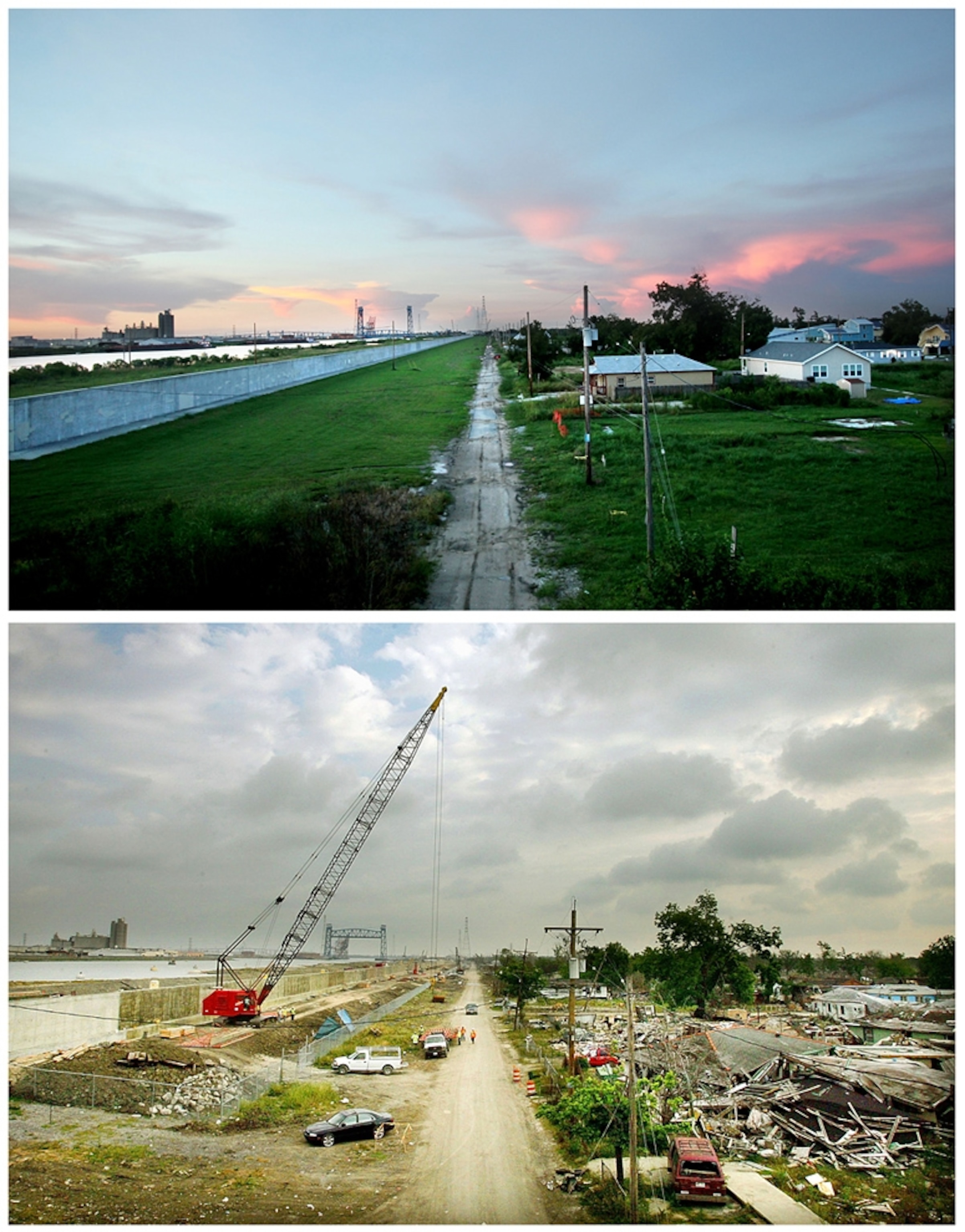Then-and-now Hurricane Katrina fifth-anniversary pictures of a rebuilt levee in the Lower Ninth Ward.