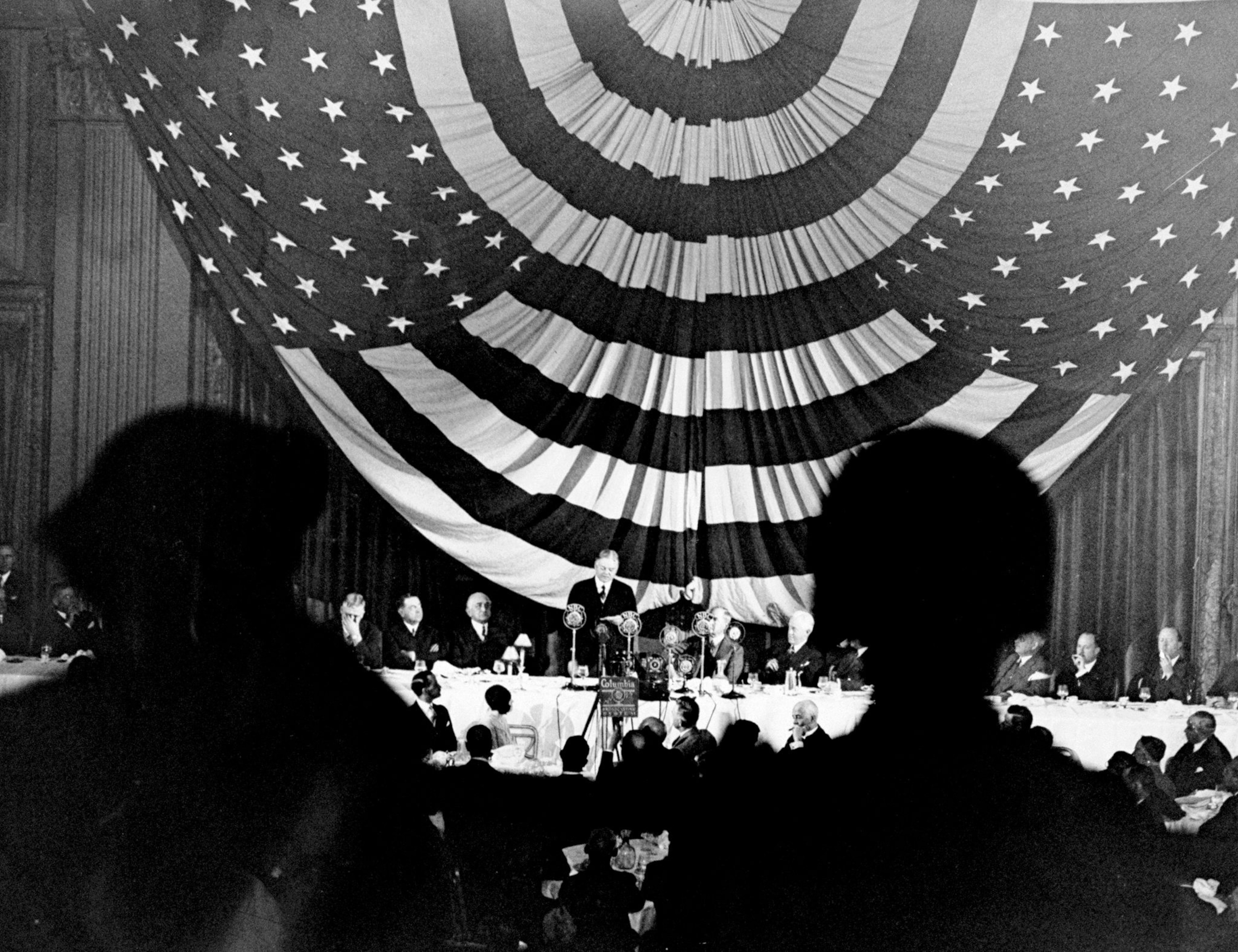 President Herbert Hoover speaking to members of the Associated Press at the Waldorf-Astoria.