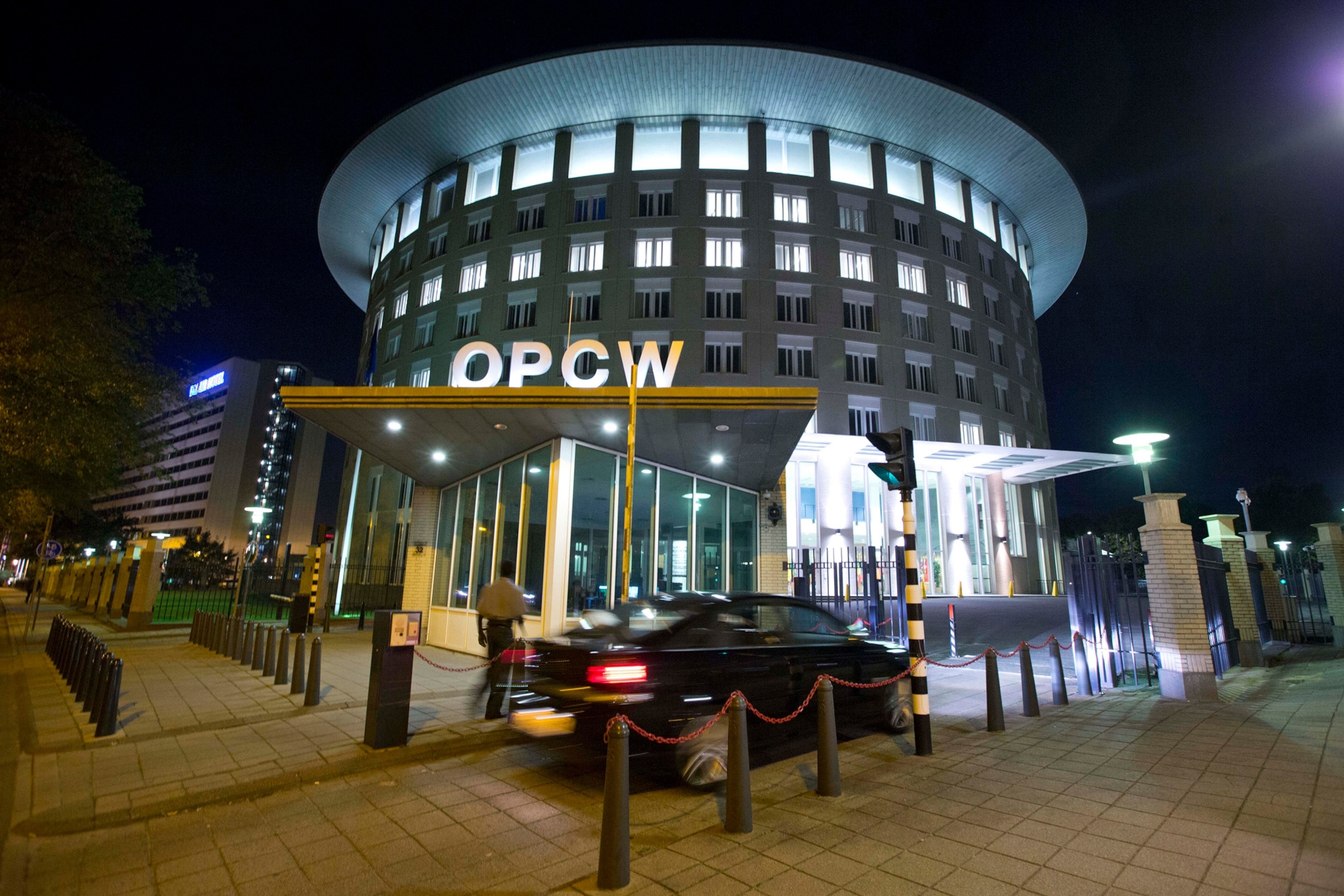 the headquarters of the Organization for the Prohibition of Chemical Weapons, OPCW, in The Hague, Netherlands.