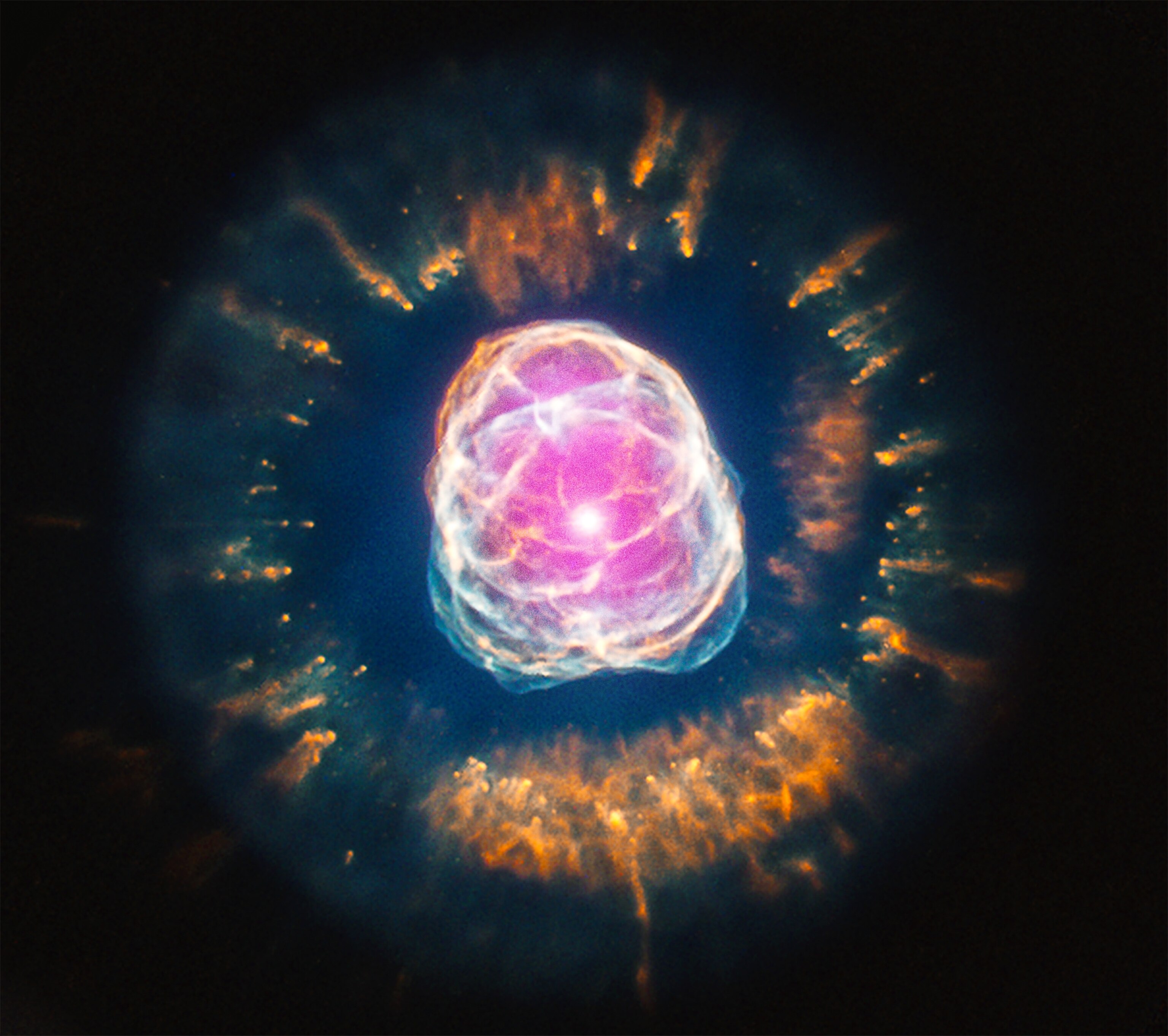 Composite picture of the dying red giant at the center of the Eskimo nebula