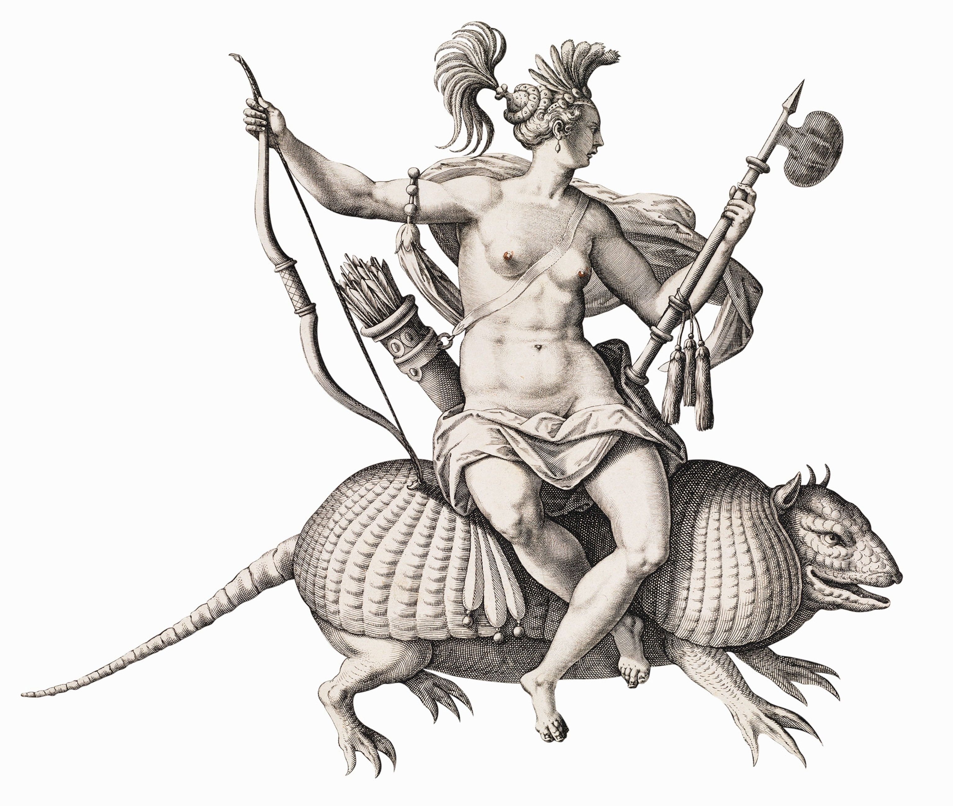 A partially naked woman holds a bow and an axe while riding an armadillo