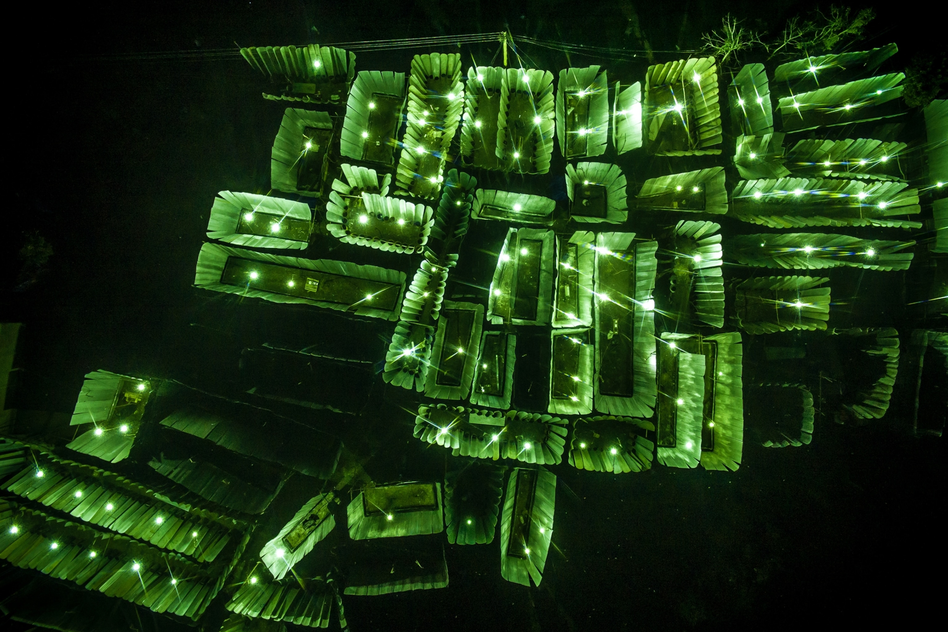 Overhead drone picture of a cricket harvesting site where the rooms of corrugated metal sheets are lit bright green in the darkness of night.