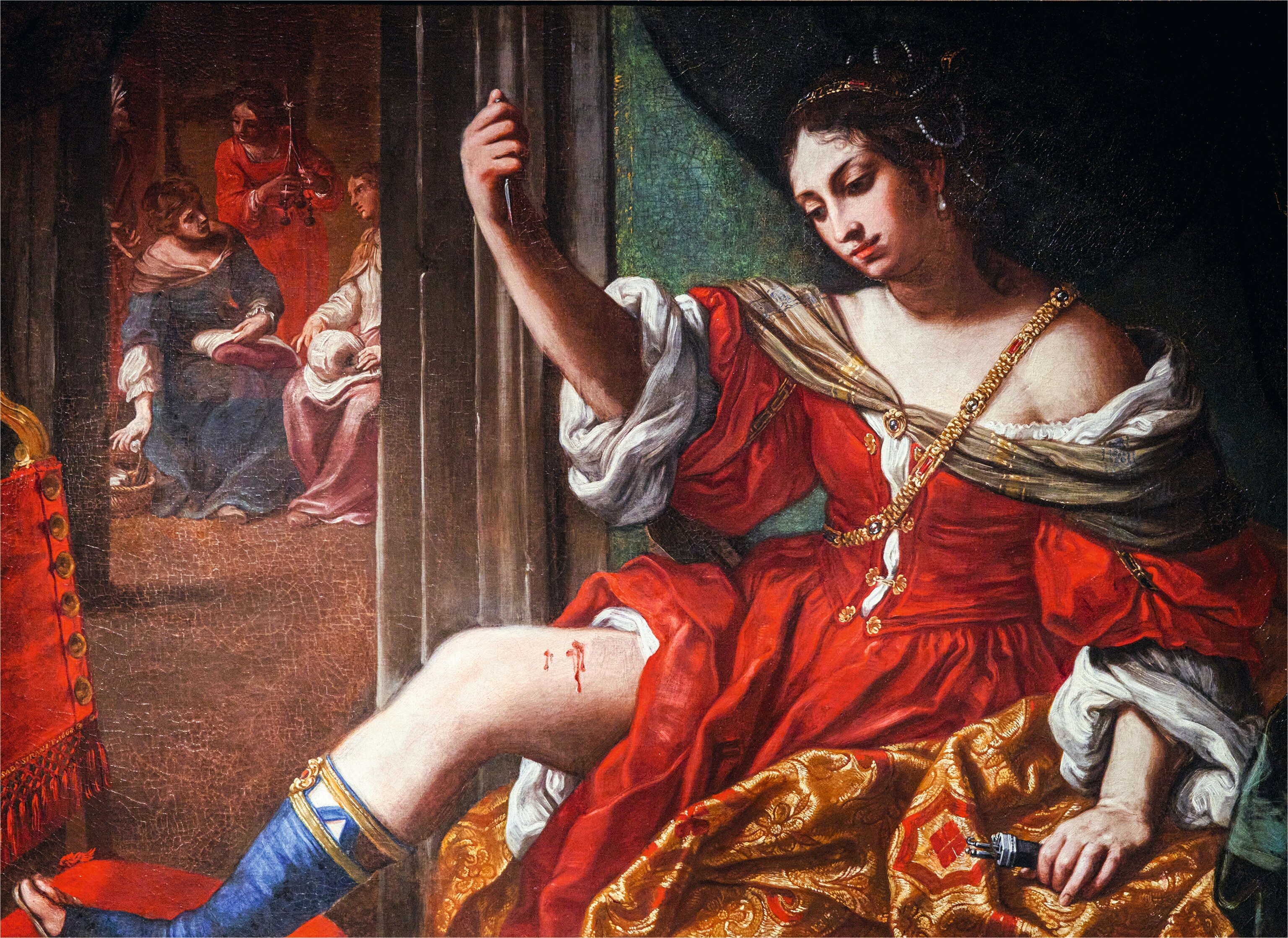An oil painting by Elisabetta Sirani shows Porcia stabbing herself to prove her courage to her husband, Brutus.