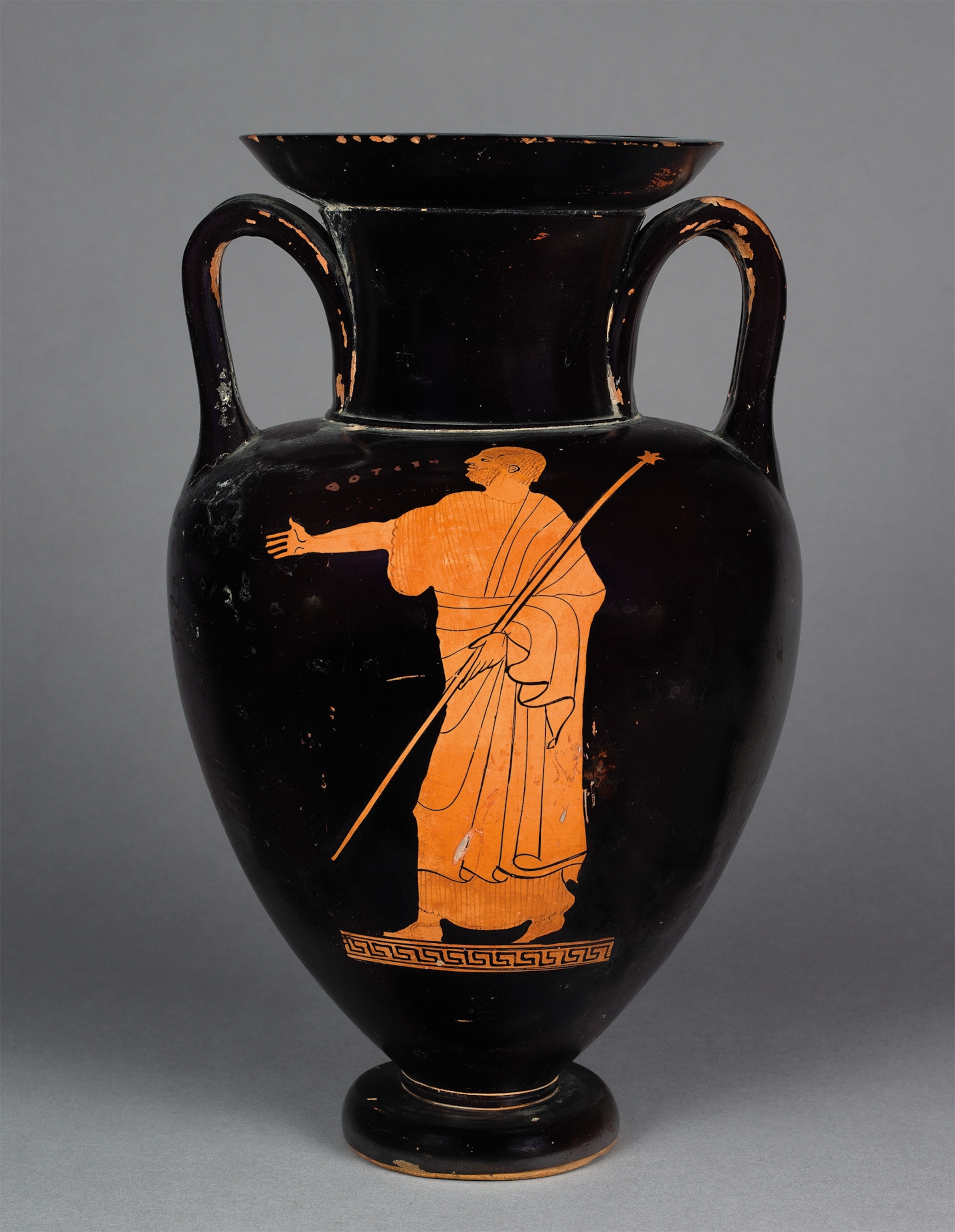 Nestor, the king of Pylos, is portrayed on a fifth-century B.C. amphora vase.
