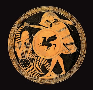 On this ceramic plate from the fifth century B.C., a Greek with a shield bearing the image of Pegasus defeats a Persian warrior.