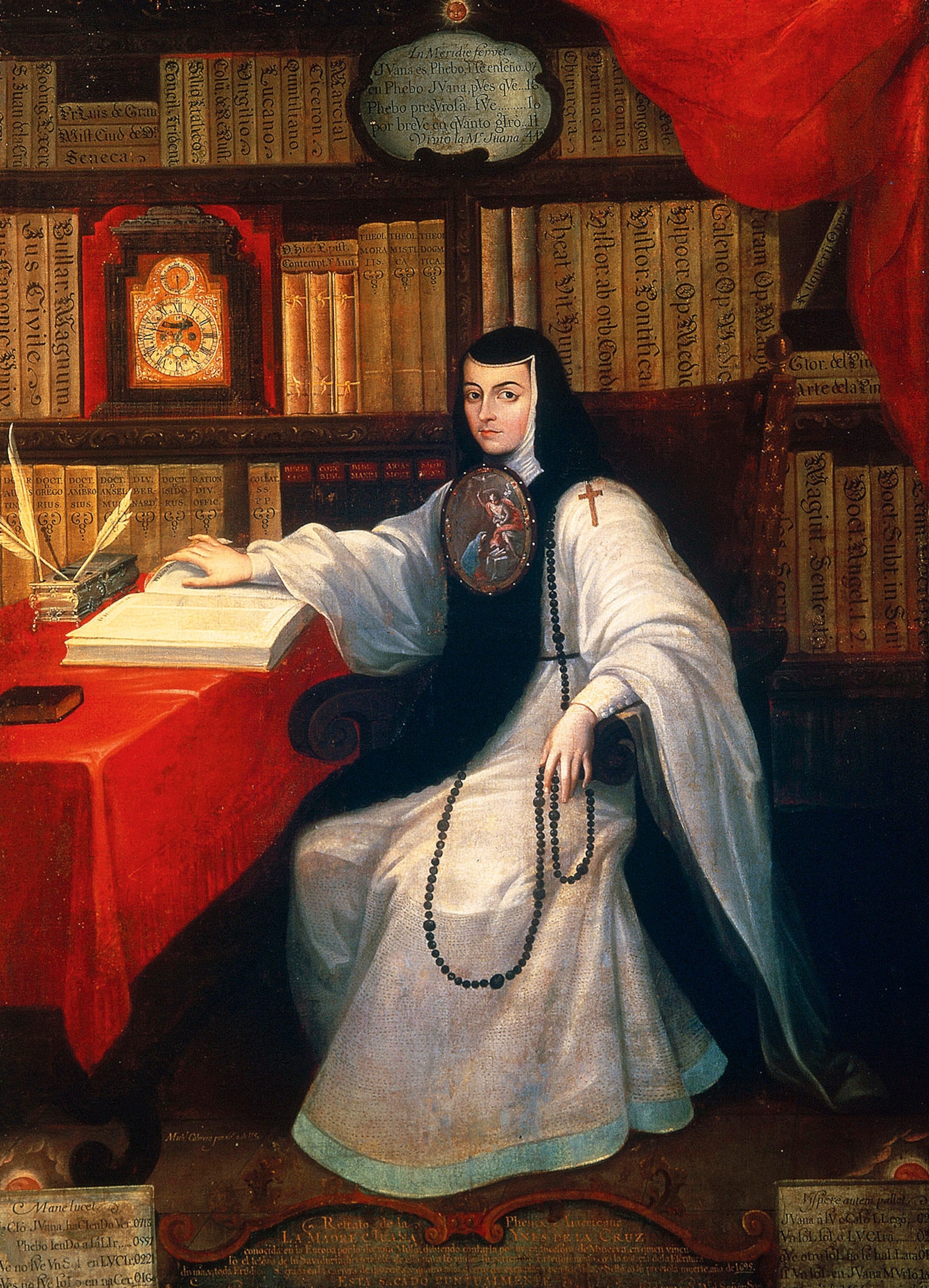 A portrait of a nun in a long white garb sitting at a desk in a library