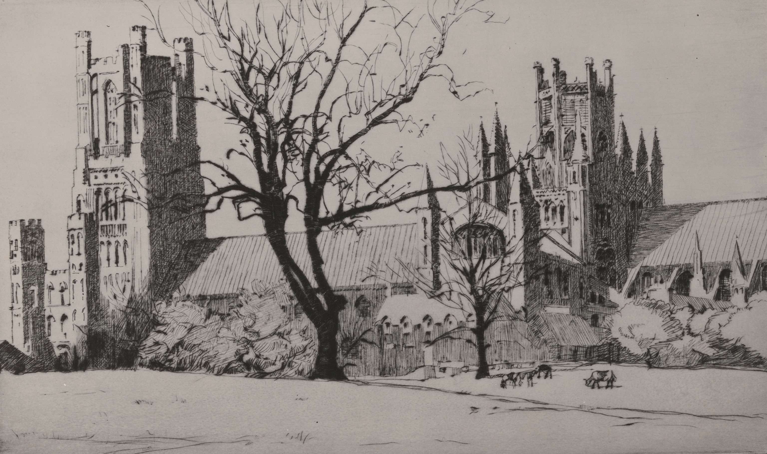 This drawing by Norman Wilkinson depicts the Ely Cathedral.