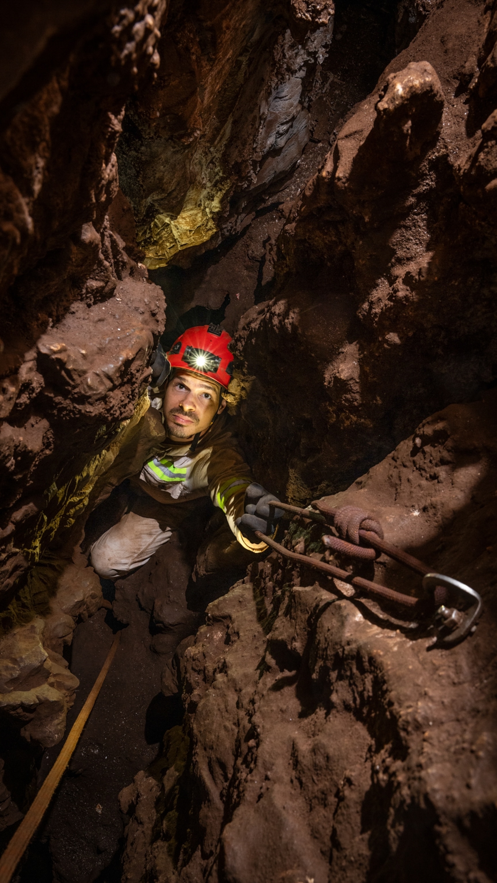 A caver wearing a red helmet and headlamp climbing a narrow, rocky cave passage