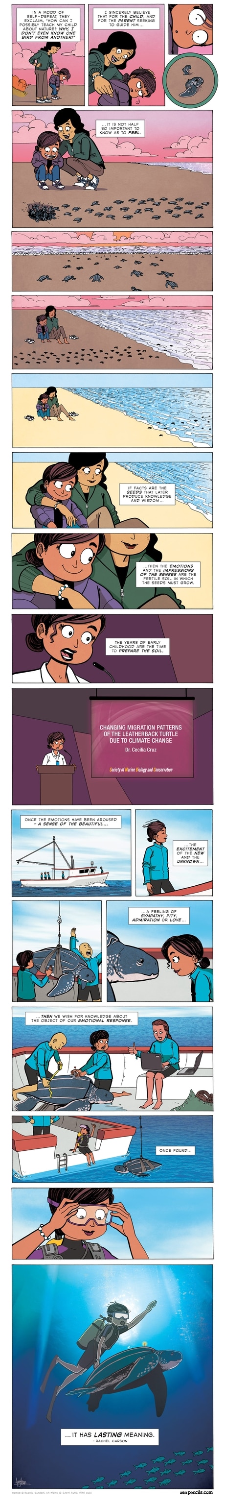 Comic illustrating words by Rachel Carson about encouraging a sense of wonder in children