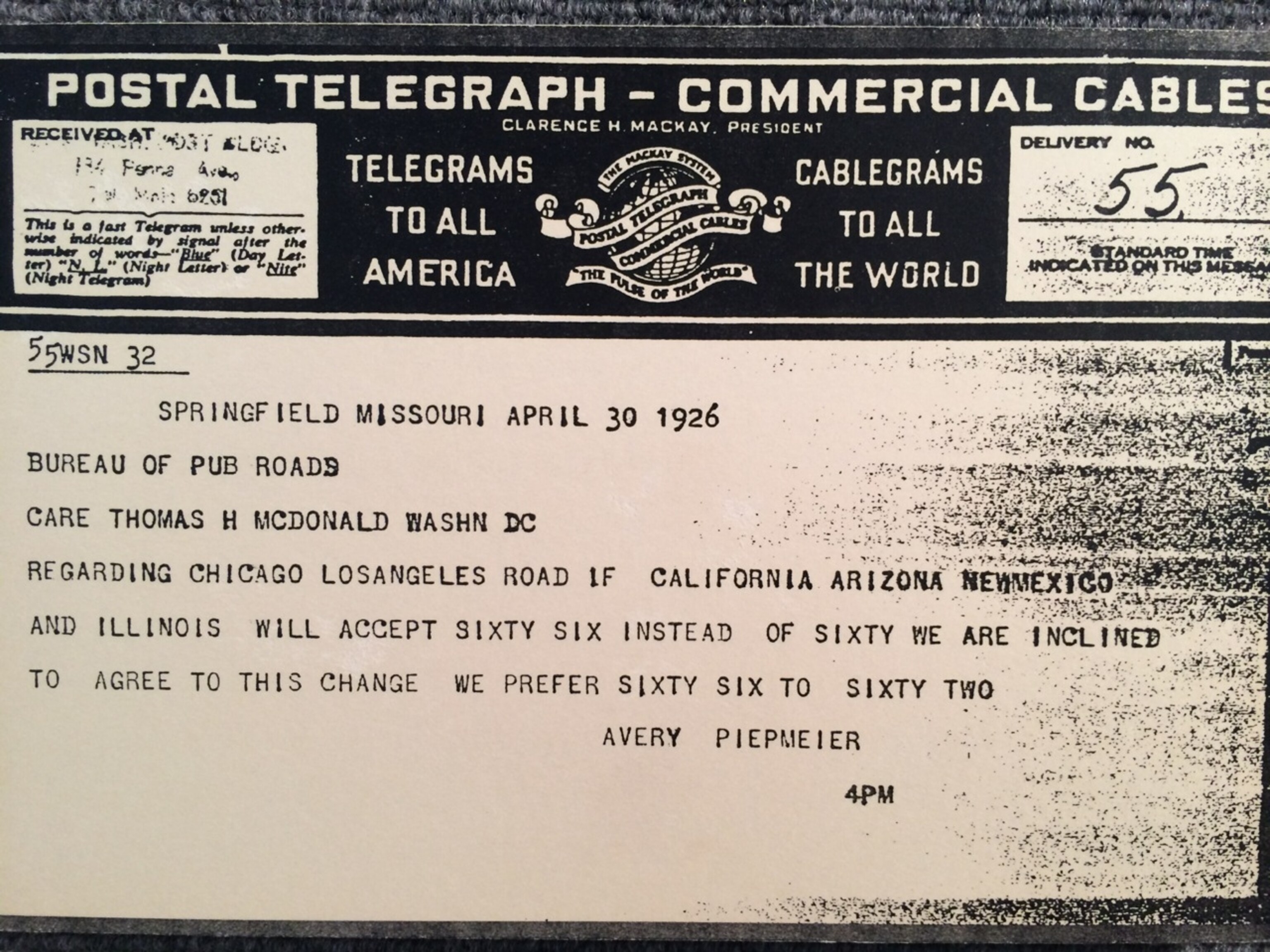 The telegram from Springfield, Missouri informing Washington, DC of the decision to adopt the name "Route 66" for America's first paved and numbered national highway. (Photo by Andrew Evans, National Geographic Travel)
