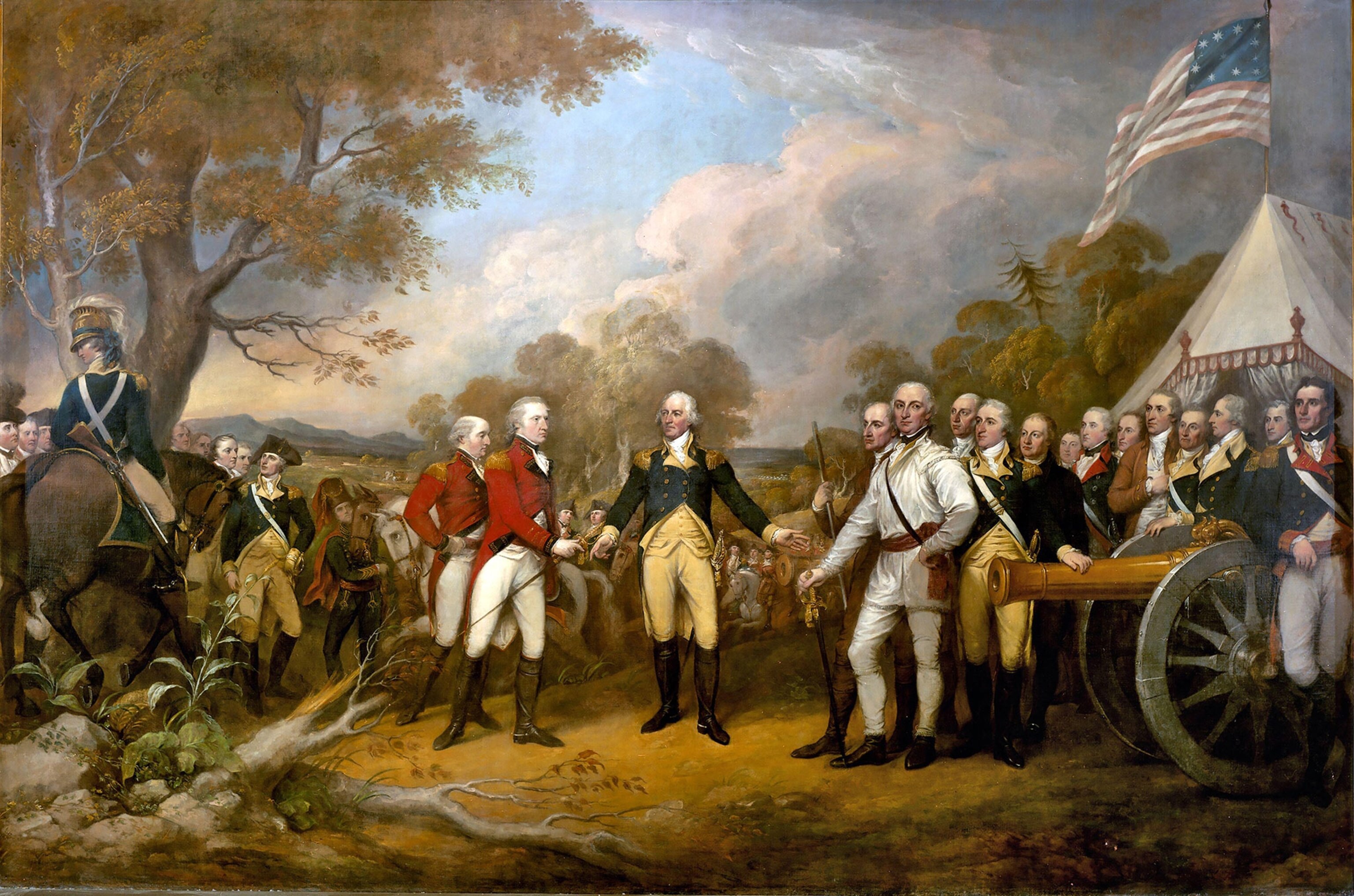 The scene of the surrender of the British General John Burgoyne at Saratoga, on October 17, 1777, during the American Revolutionary War