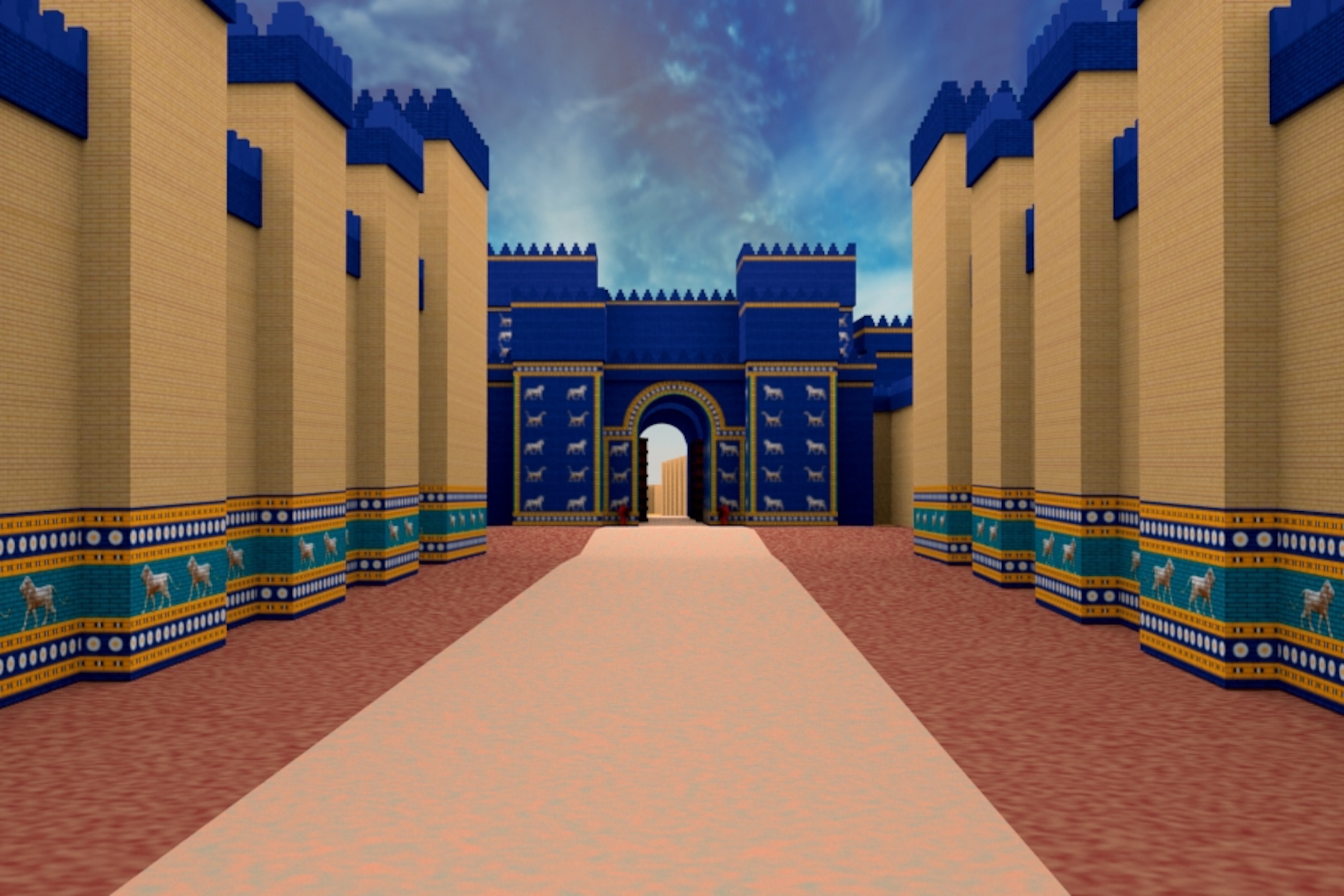 Graphic illustration of Babylon's Processional Way, leading from the palaces to the temples