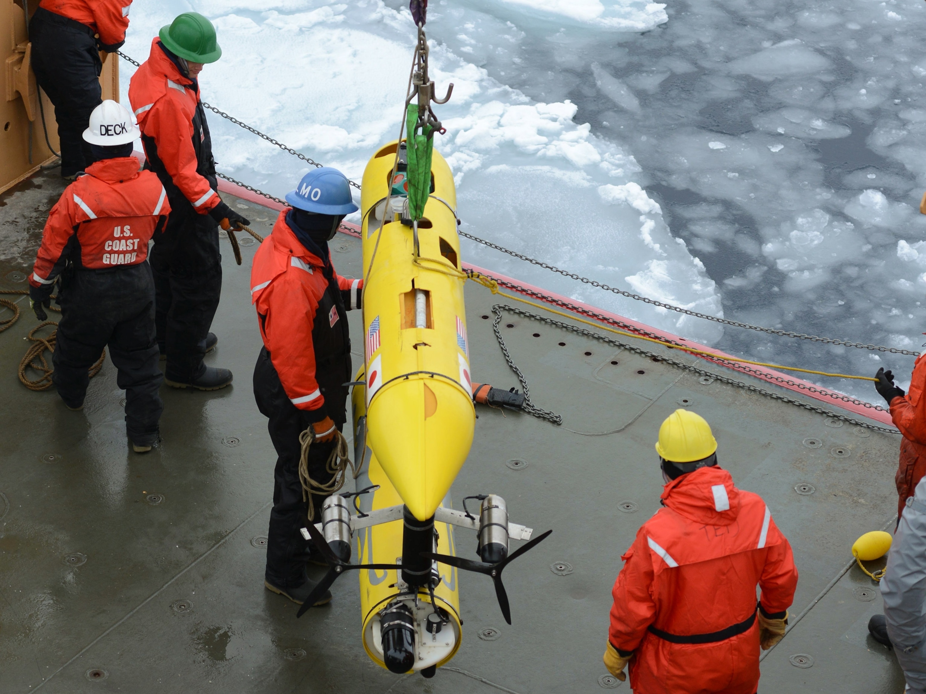 <p>The U.S. Coast Guard Cutter Healy breaks ice ahead of the Canadian Coast Guard Ship Louis S. St-Laurent in the Arctic Ocean</p>