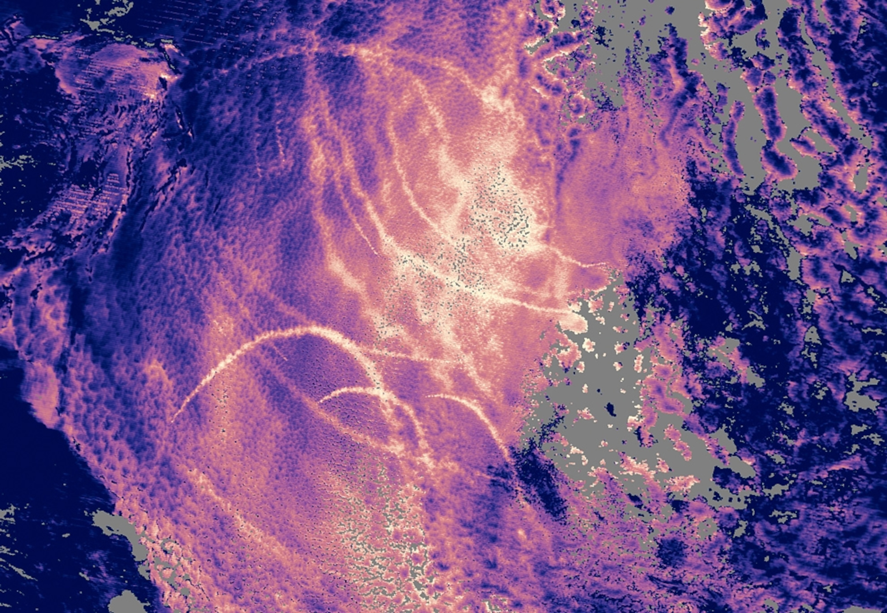 Picture of ship-made clouds in the North Pacific as seen by a NASA satellite.