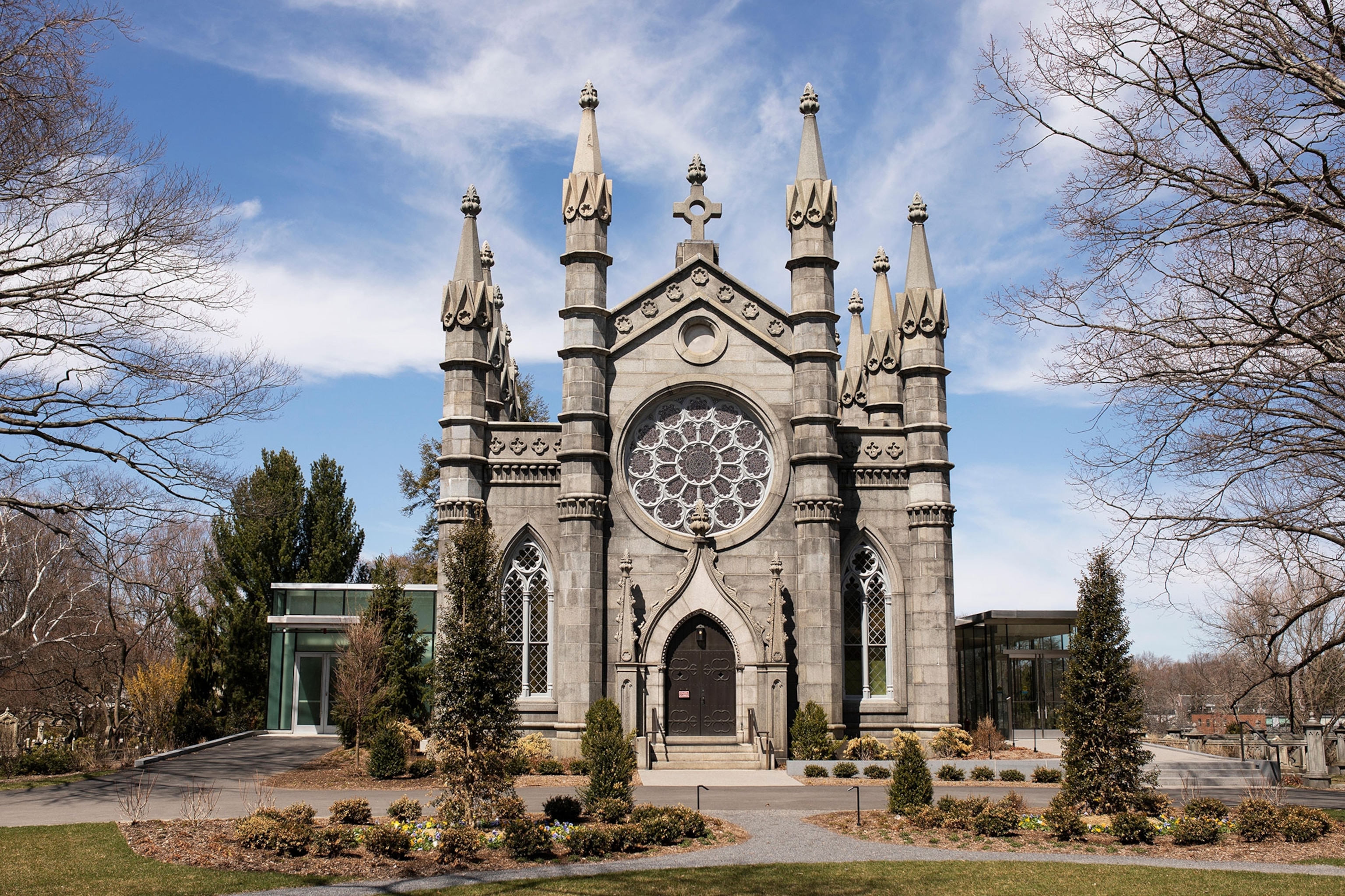 Bigelow Chapel at Mount Auburn Cemetery in Cambridge, Massachusetts, USA.