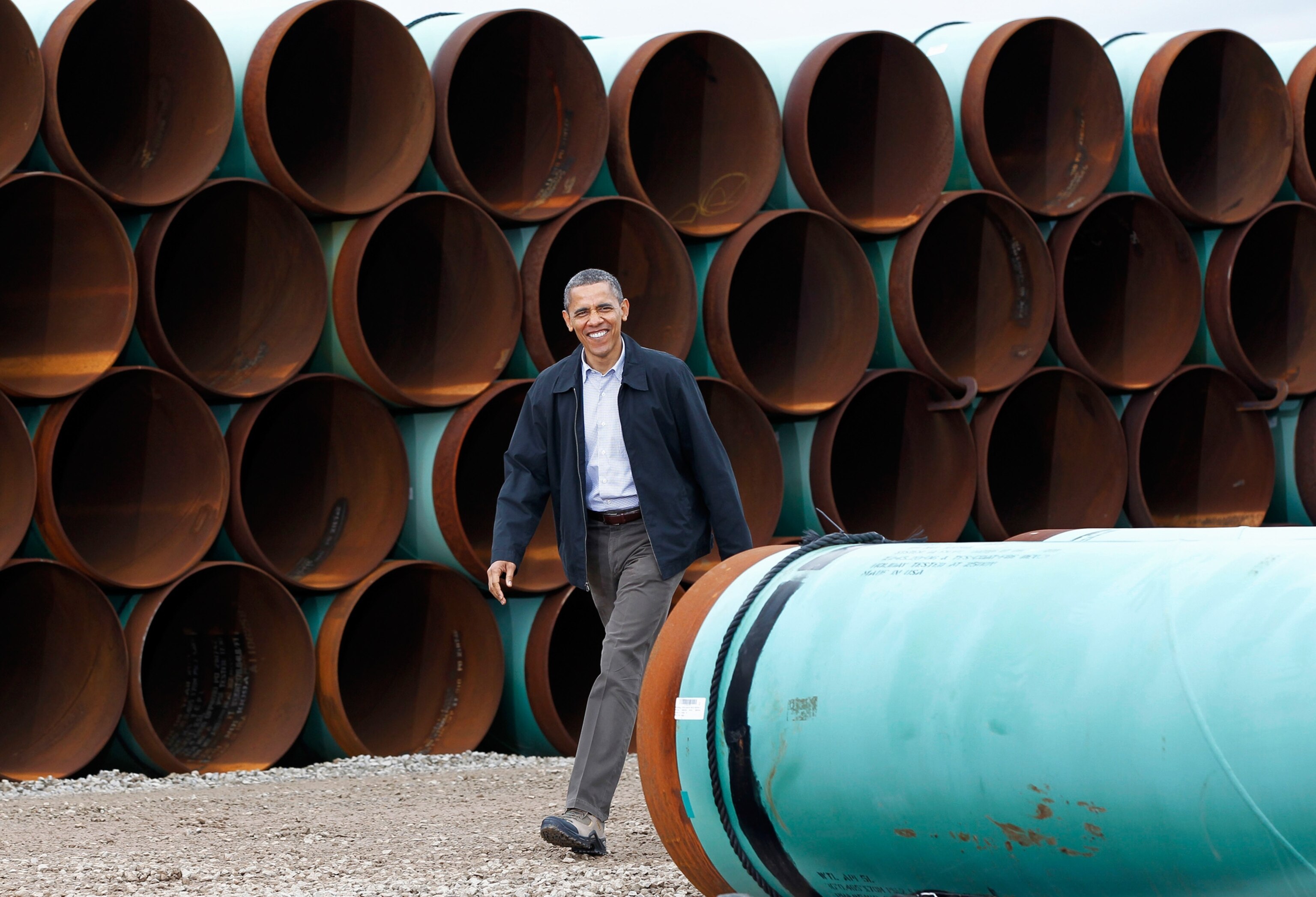 President Barack Obama arriving at the TransCanada Stillwater Pipe Yard in Cushing, Oklahoma.
