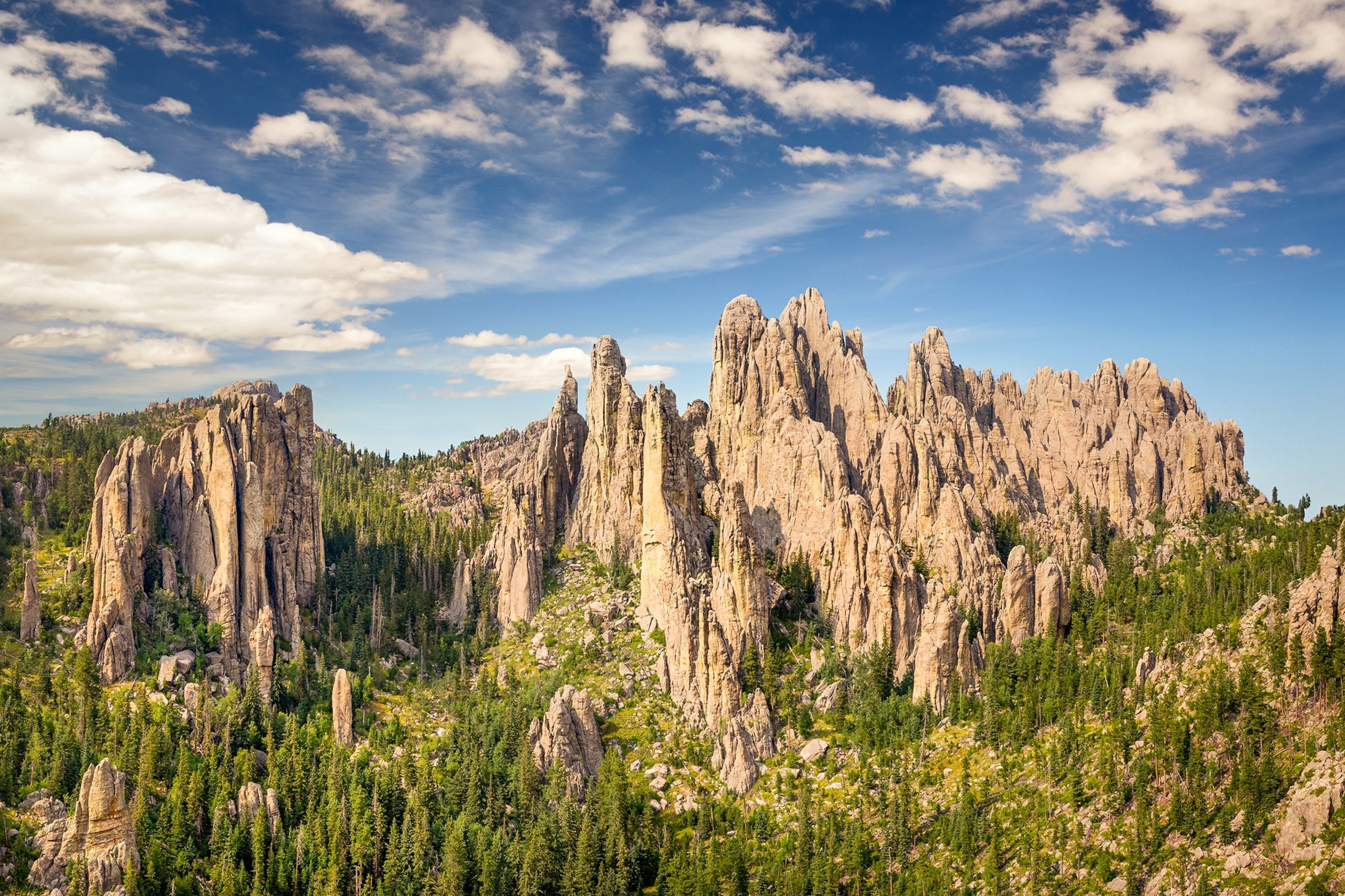 Sharp rocky peaks jut out from the hills in Custer State Park.