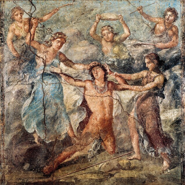 The graphic death of the mythical King Pentheus of Thebes is depicted in this fresco from the House of the Vettii in Pompeii.