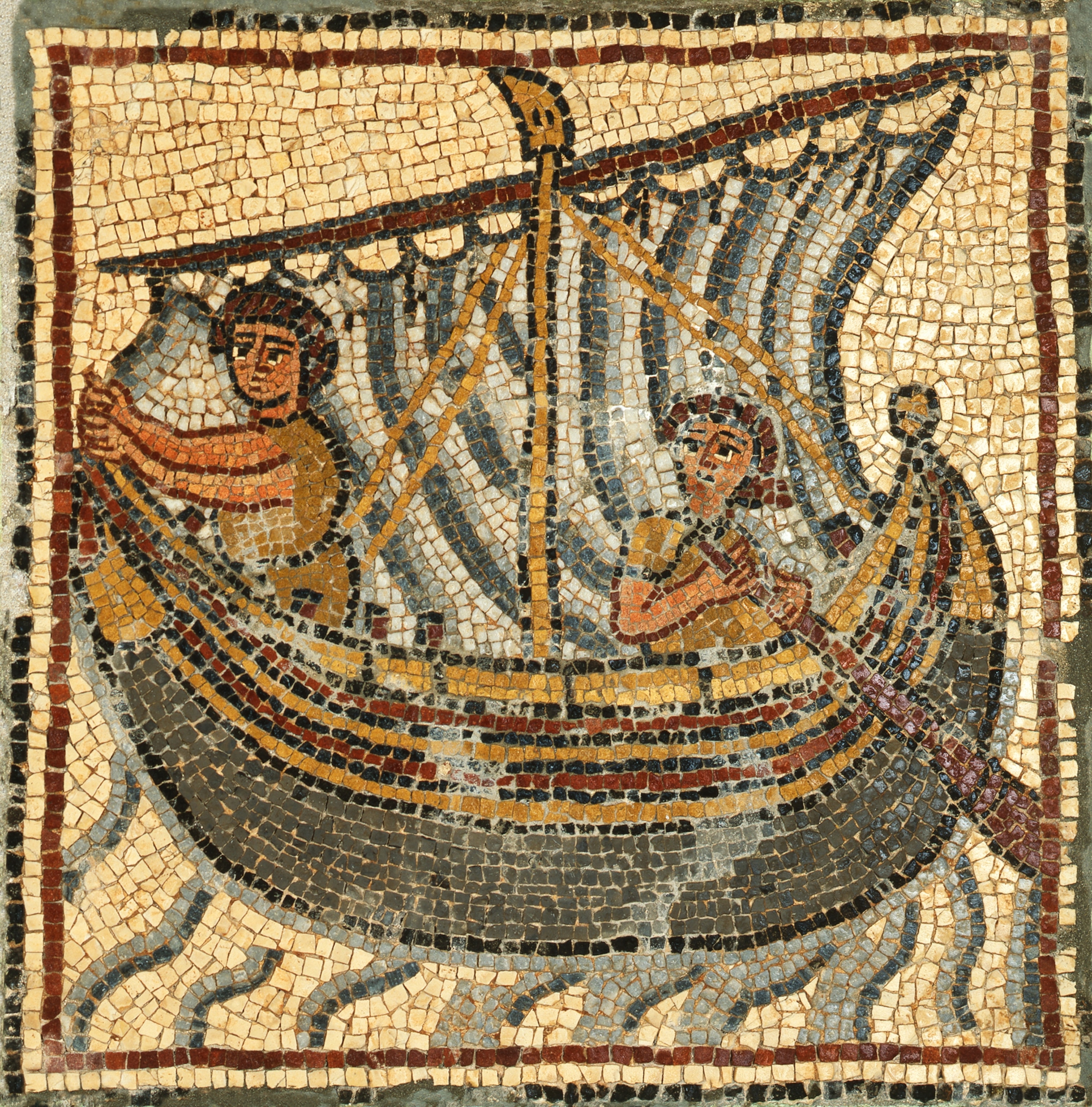 A tile mosaic showing two people in a ship at sea. The ship's base is primarily blue with two red lines toward the top.
