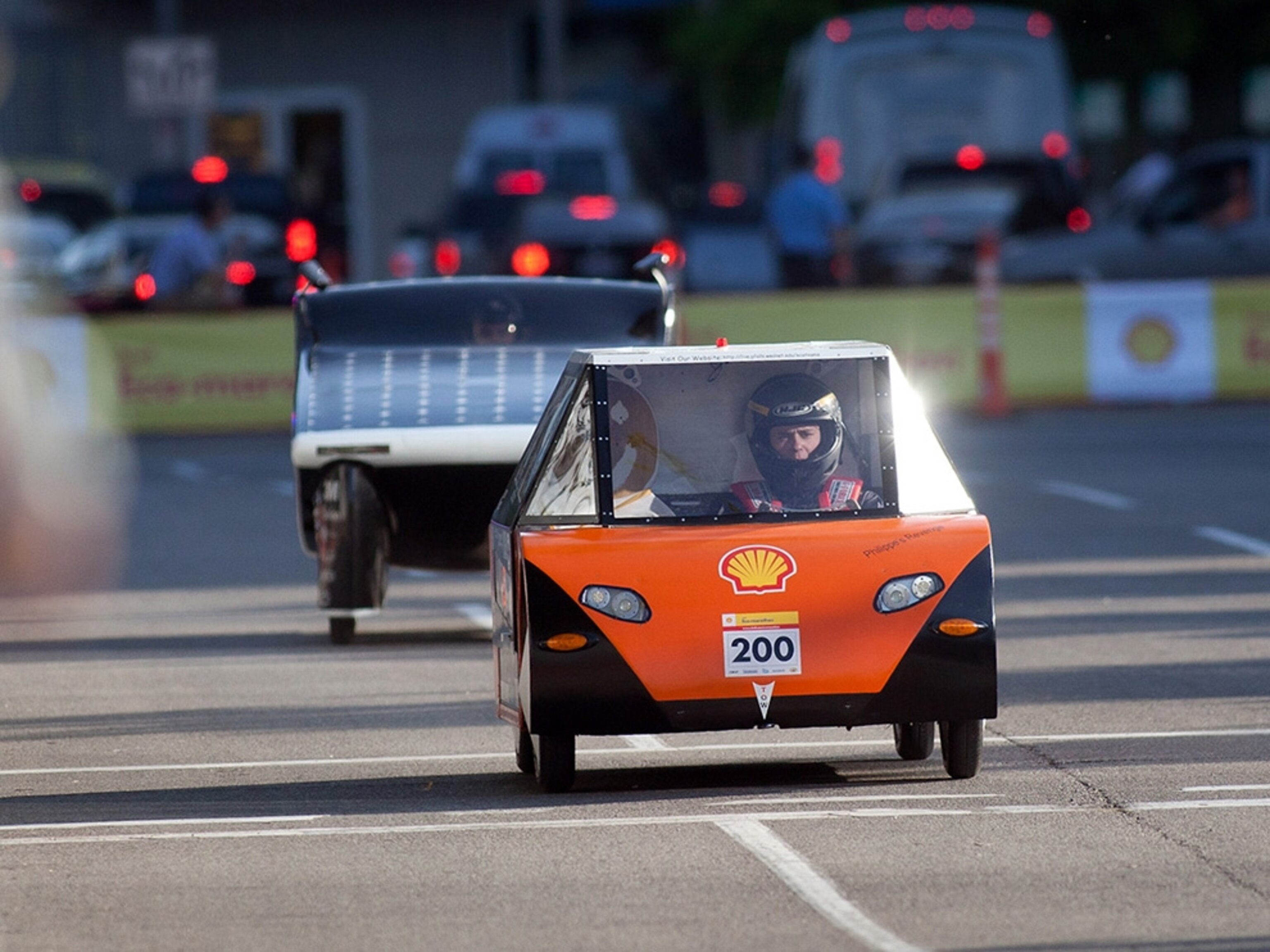 Aron Scalf drives to a victory in the diesel division in the urban concept vehicle designed by one of two teams from Granite Falls High School in Washington State.