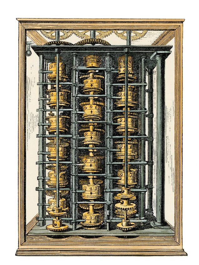 By her late teens, Lovelace was more interested in talking to scientists and mathematicians than suitors, like Charles Babbage, who designed the calculating machine or difference engine pictured here in a 19th-century hand-colored woodcut.