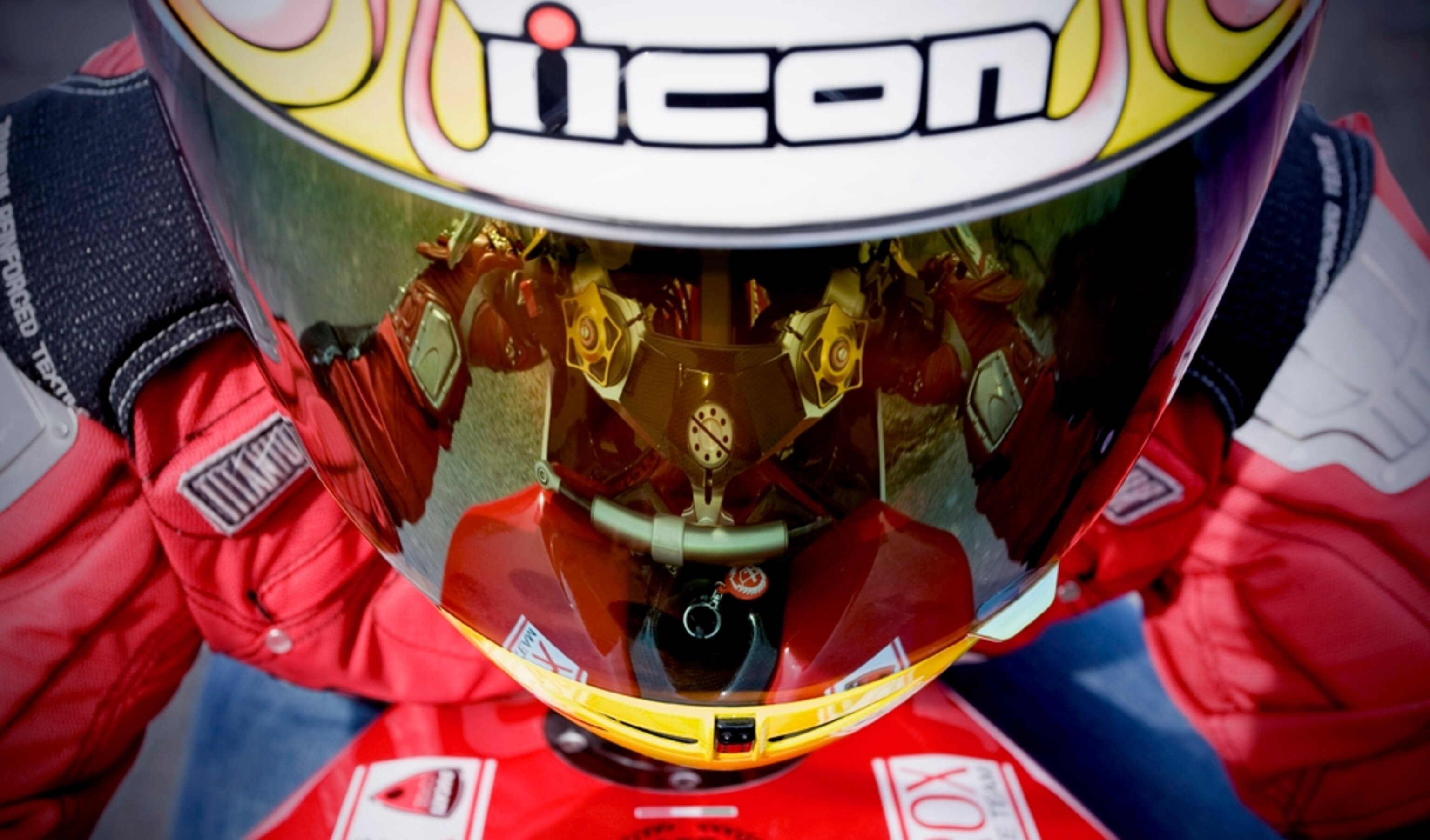 Reflection in bike rider's helmet.