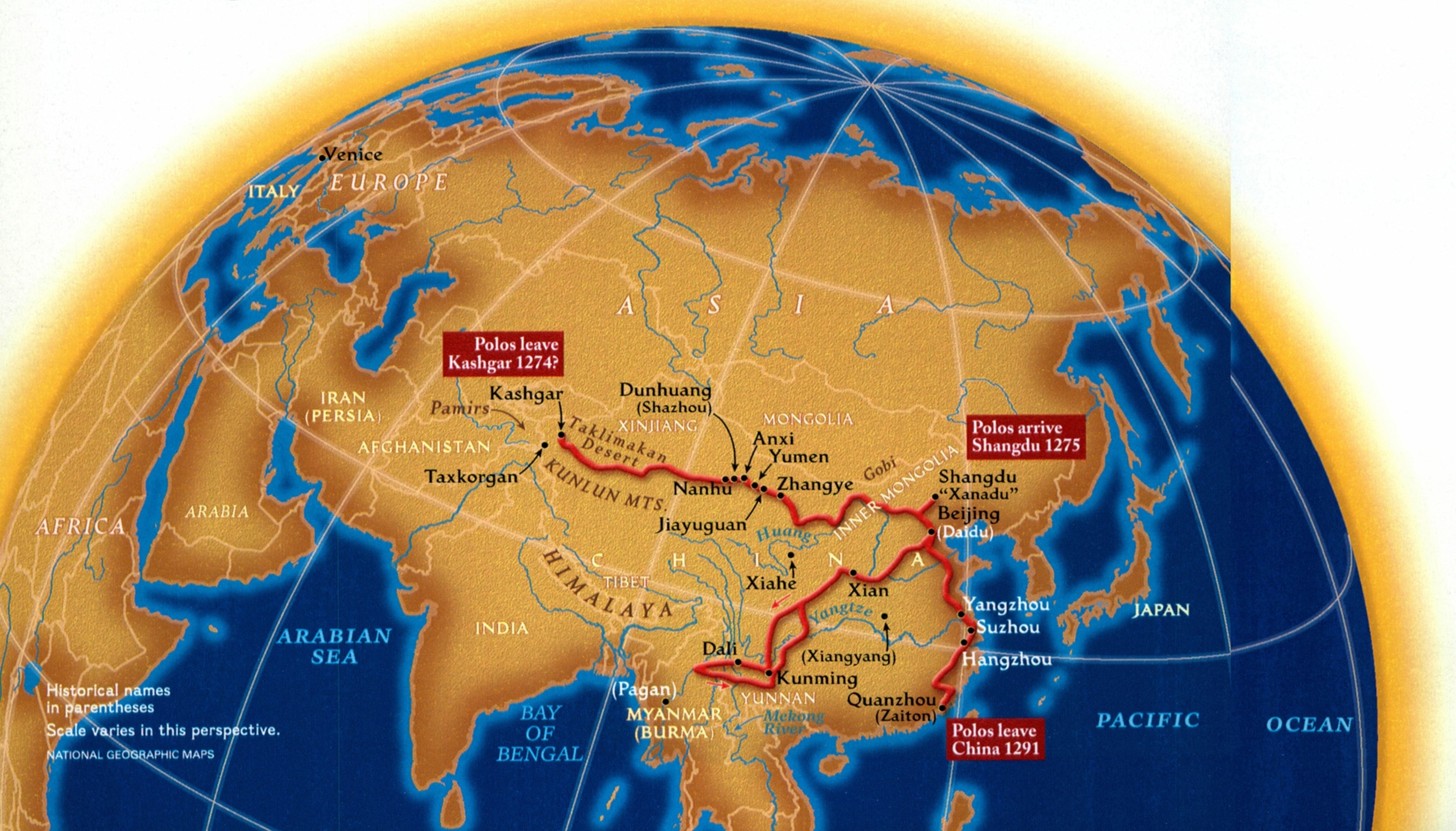 A map shows Marco Polo's route across Asia.