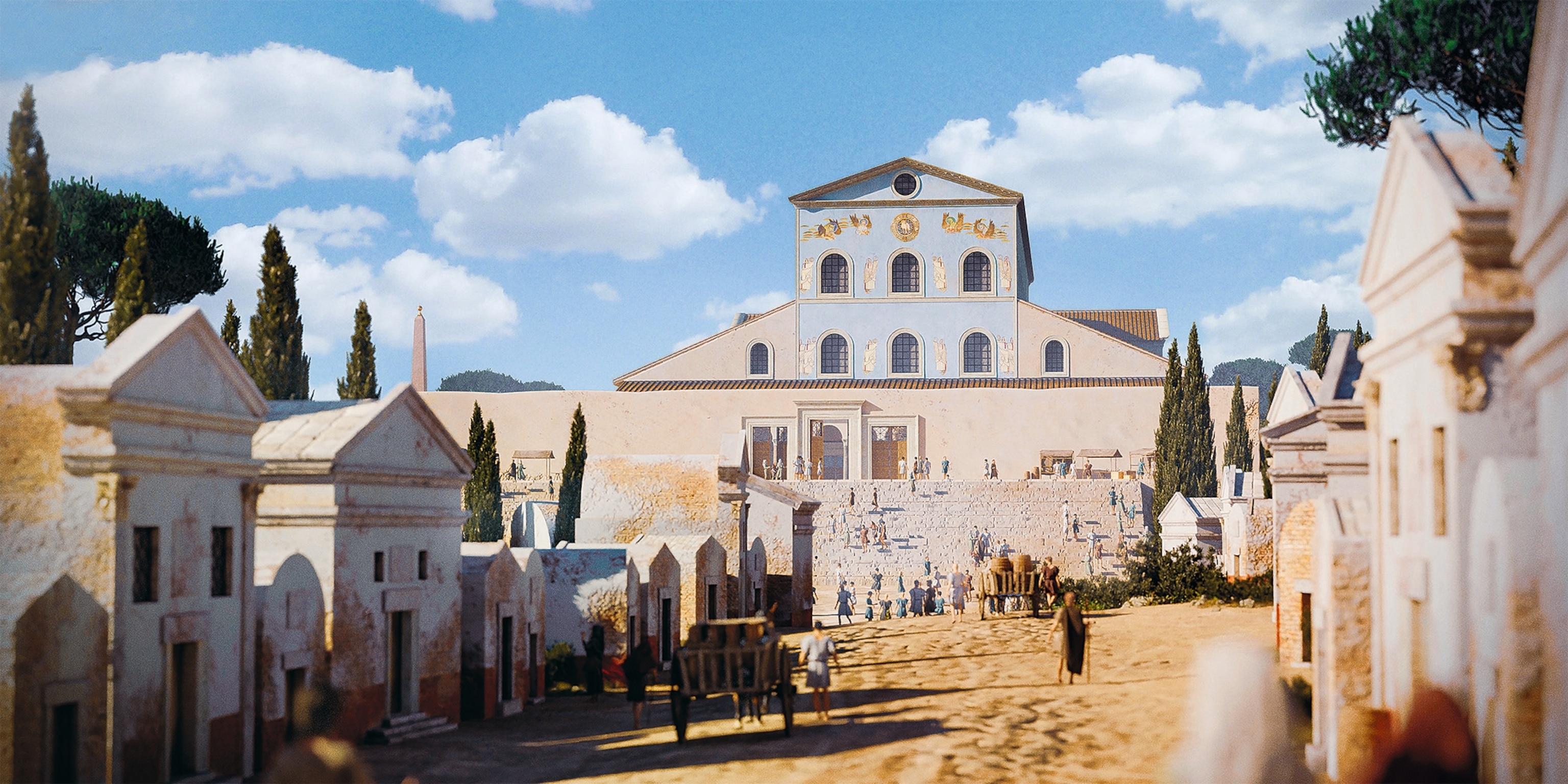 A reconstruction shows the facade of a basilica and, in the foreground, the mausoleums of the necropolis that remained standing.